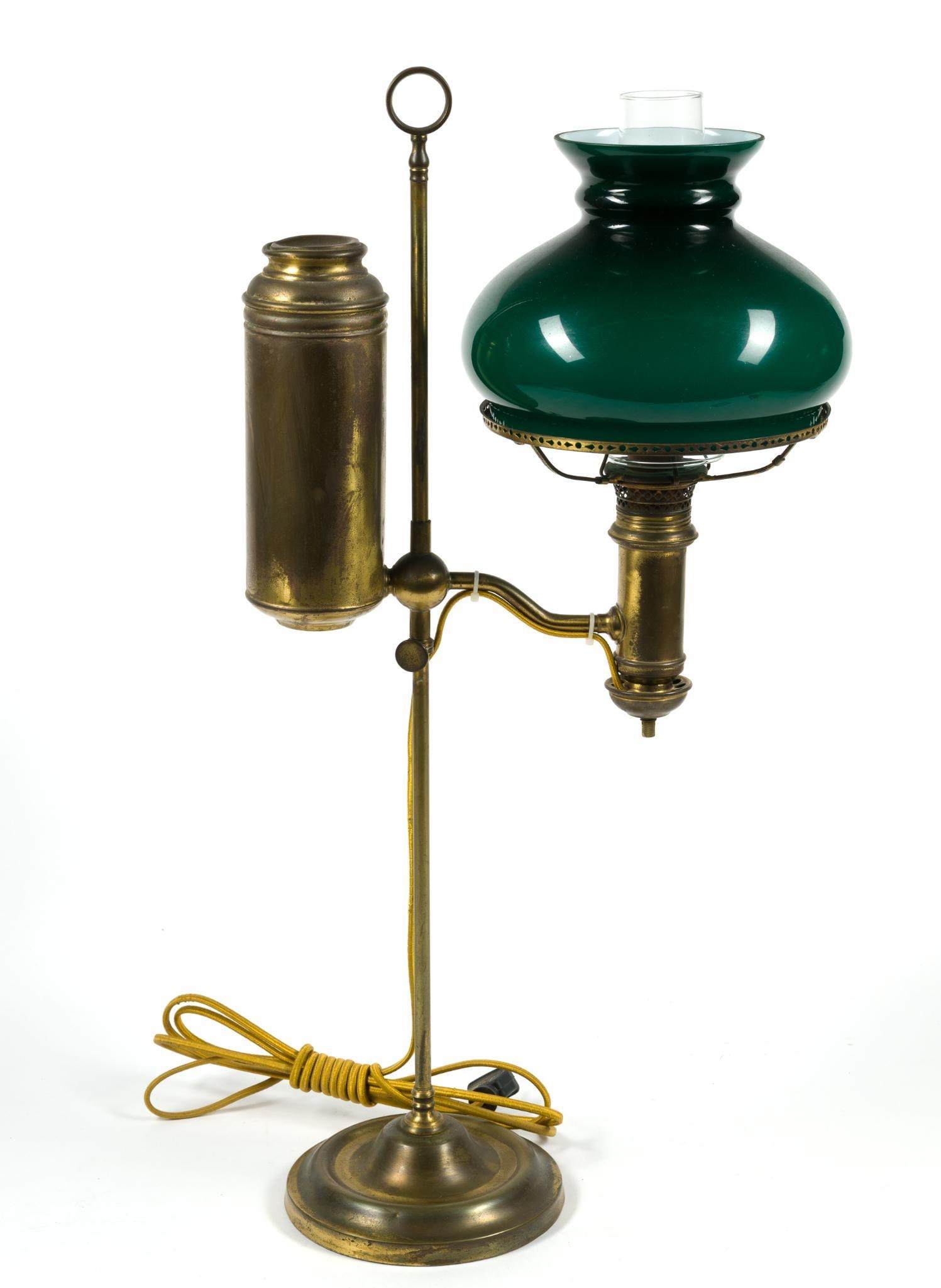 Green Shade Manhattan Brass Style Company Student Lamp: Measures 13" x 25 - 1/2" x 6 - 1/2"
