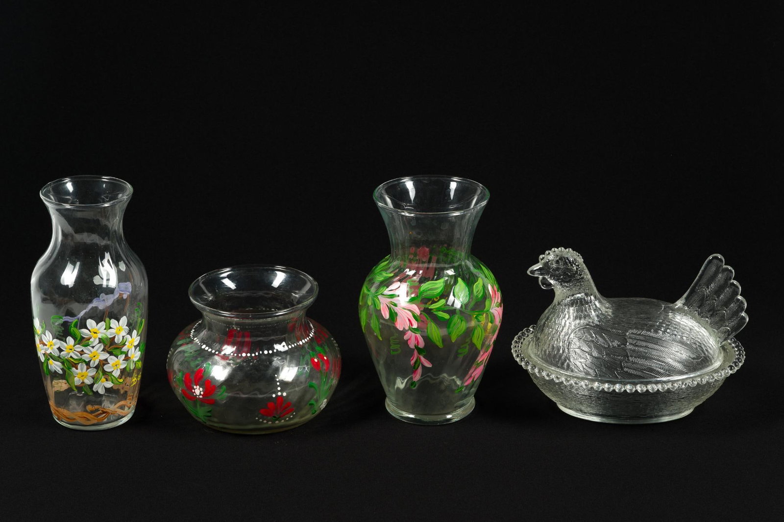 3 Painted Glass Vases & Glass Hen on Nest: Chicken measures 7" x 5" x 5 - 1/2". Tallest vase is 8" tall.