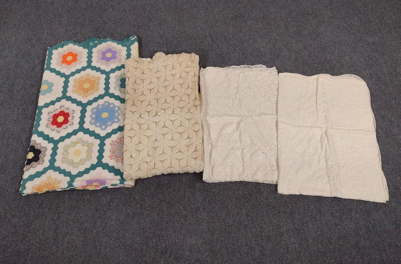3 Lace Linens & Patchwork Quilt: Quilt 7'7" long X 7'3" wide.