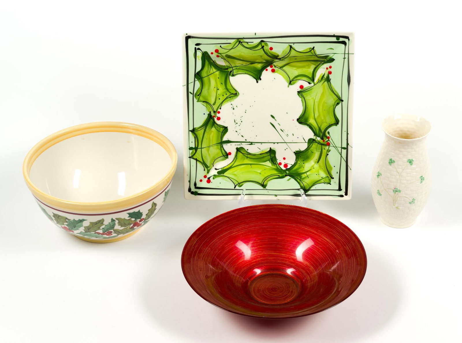 2 Bowls, Donna Toohey Ceramic Plate & Belleek Vase: Longaberger bowl measures 11" x 5 - 1/4" x 11". Donna Toohey ceramic tray measures 12" x 12".