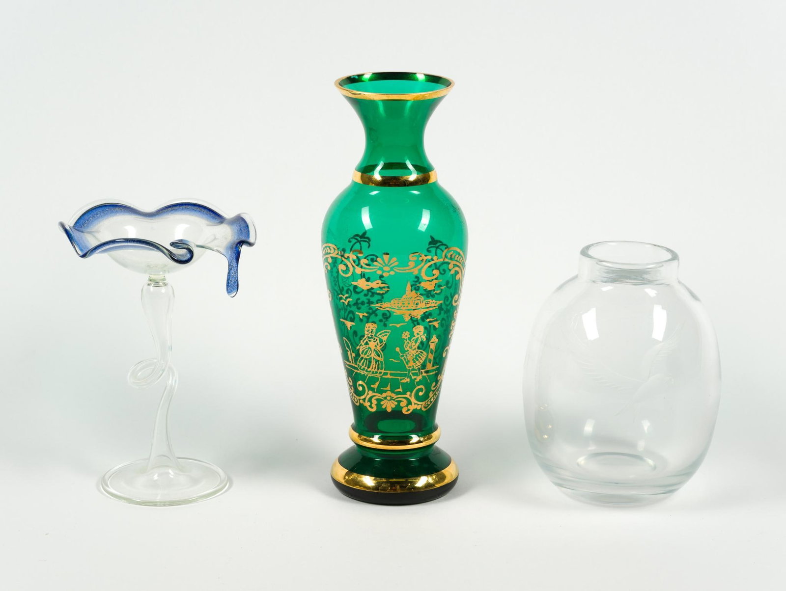 3 Pieces of Signed Art Glass: Green vase measure 3 x 8 - 1/4" x 3".