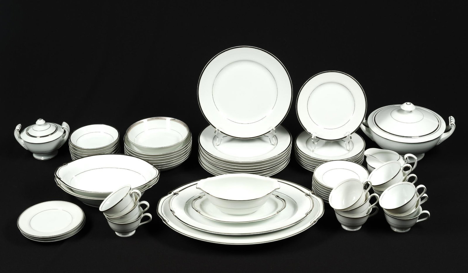 Japanese Harmony House "Silver Melody" Porcelain Set: Dinner plate measures 10 - 1/4", largest oblong platter measures 16 - 1/2" x 12 - 1/4".
