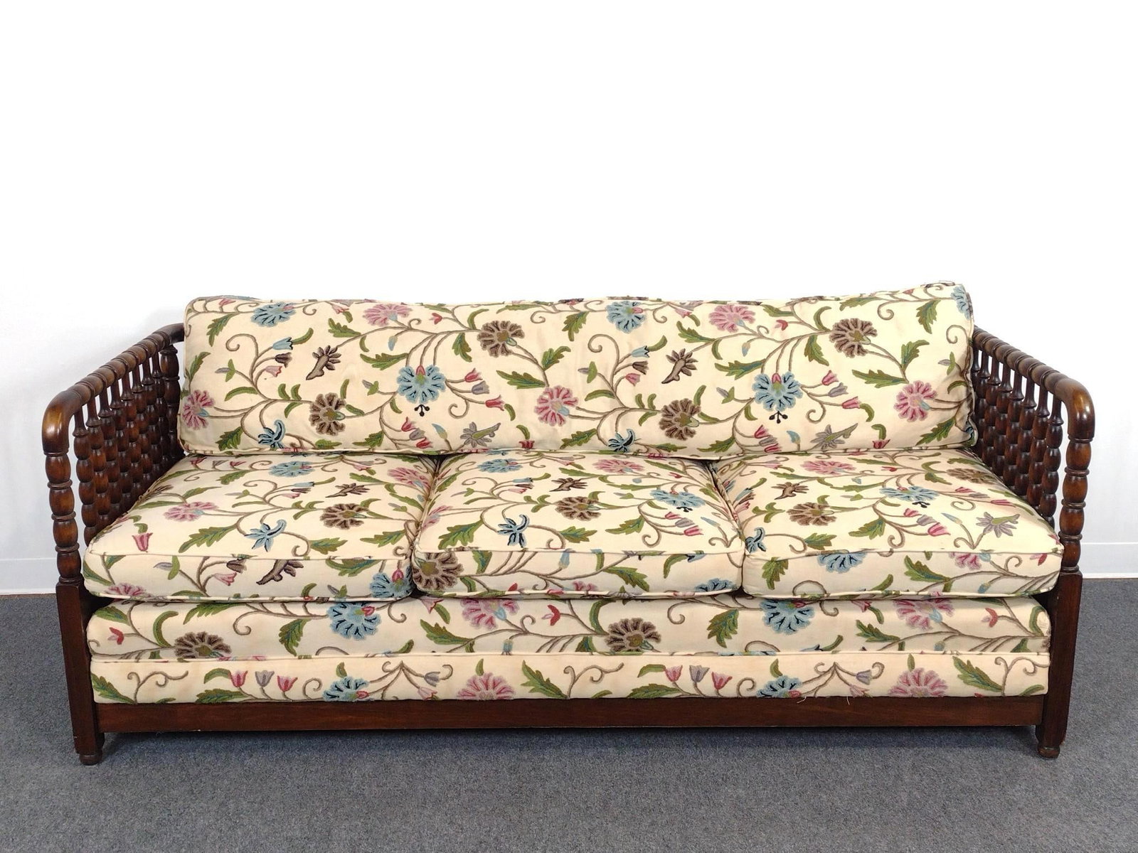 Klassic Interiors Custom Built Sleeper Sofa: 78" wide X open 54", closed 30" deep X 30-1/2" high. Wood frame has some scratches.