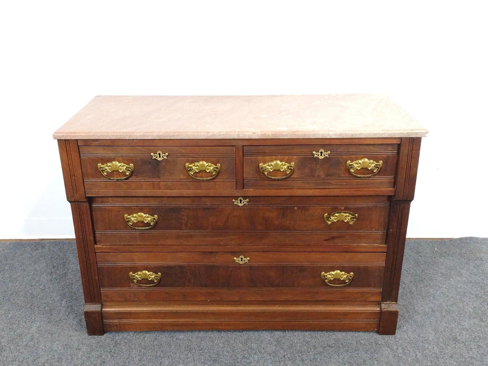 Marble Top Dresser: 42" wide X 18" deep X 28" high. Has wear consistent with age.