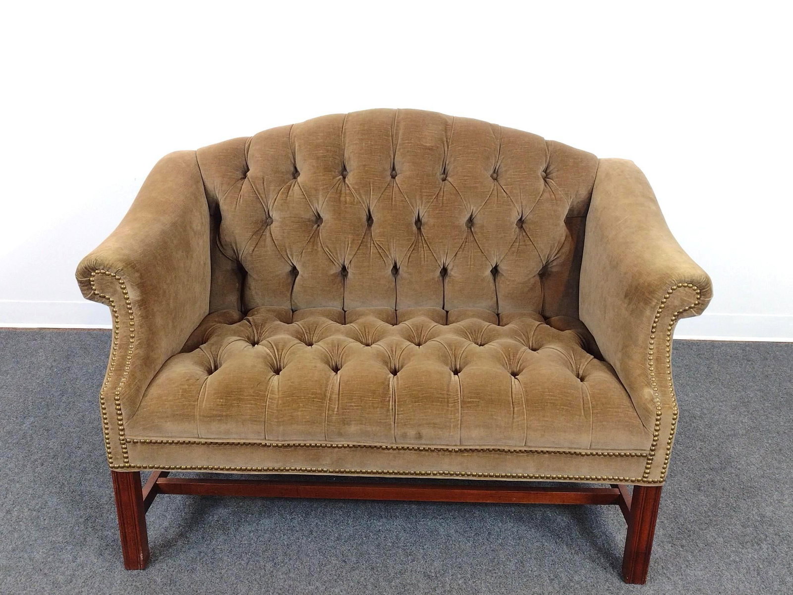Tufted Settee Loveseat: 51" wide X 30-1/2" deep X 36" high. Has some sun fading.