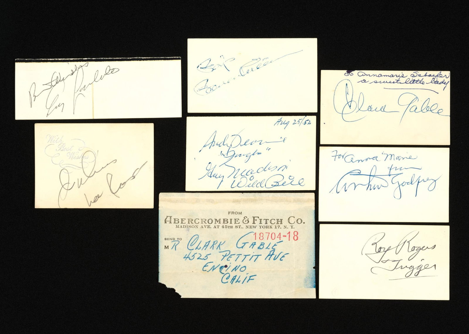 1950's Autographs Incl. Roy Rogers & Clark Gable: Most on Abercrombie & Fitch business cards, as a member of the sellers family worked at Abercrombie & Fitch in New York City in the 1950's. Autographs included: Roy Rogers & Trigger, Clark Gable, Joe 