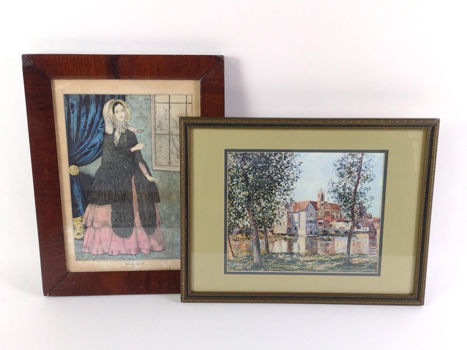 2 Framed Vintage Prints Incl. Mary: 1) Impressionist landscape by Alfred Sisley (11839 - 1899). 13" x 17". 2) Framed hand-colored antique print published by J. Baittie in 1846 titled "Mary". 17" x 13".