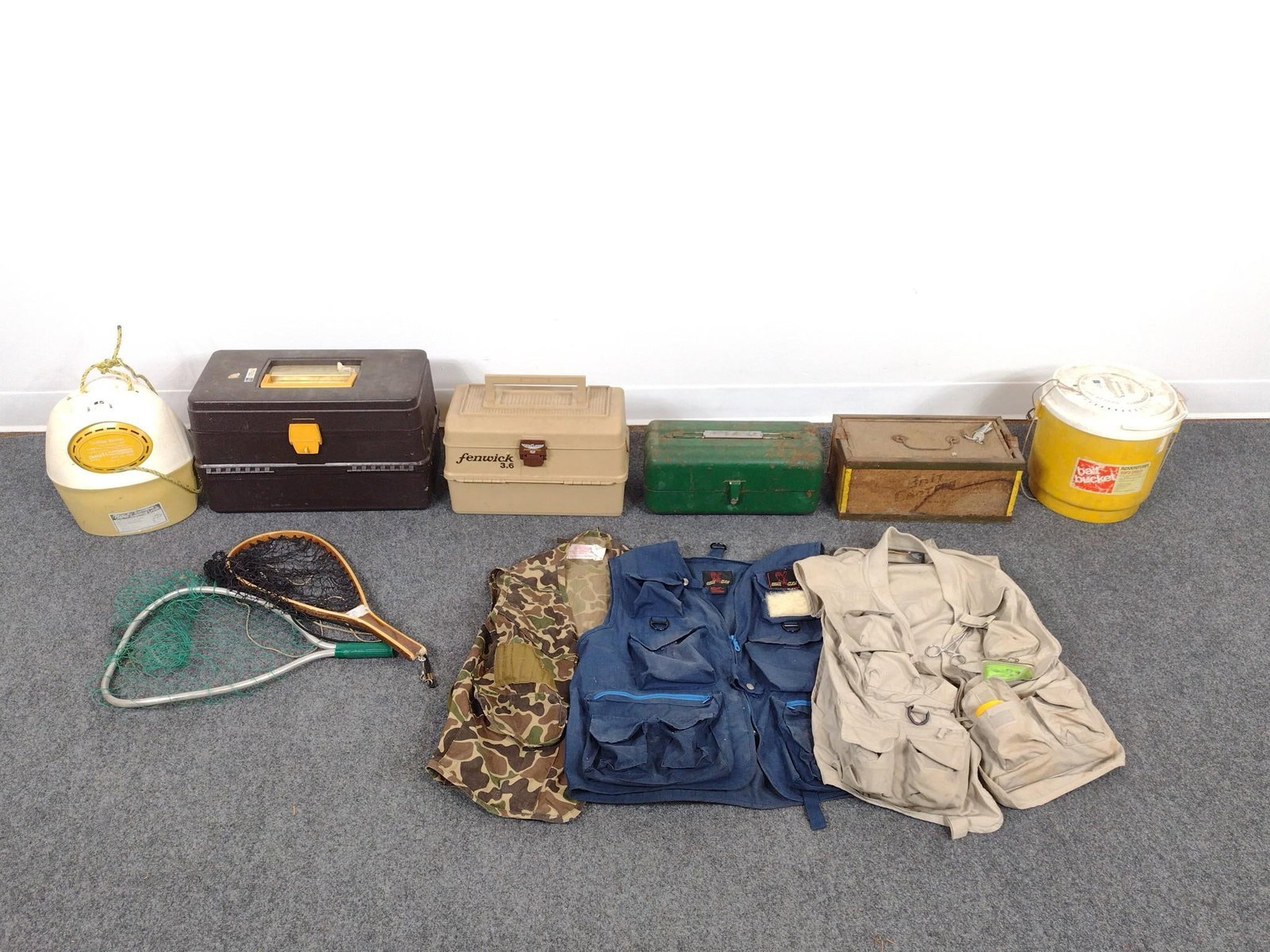 Vintage Fishing Equipment: Includes 3 tackle boxes, vests, lures and buckets.