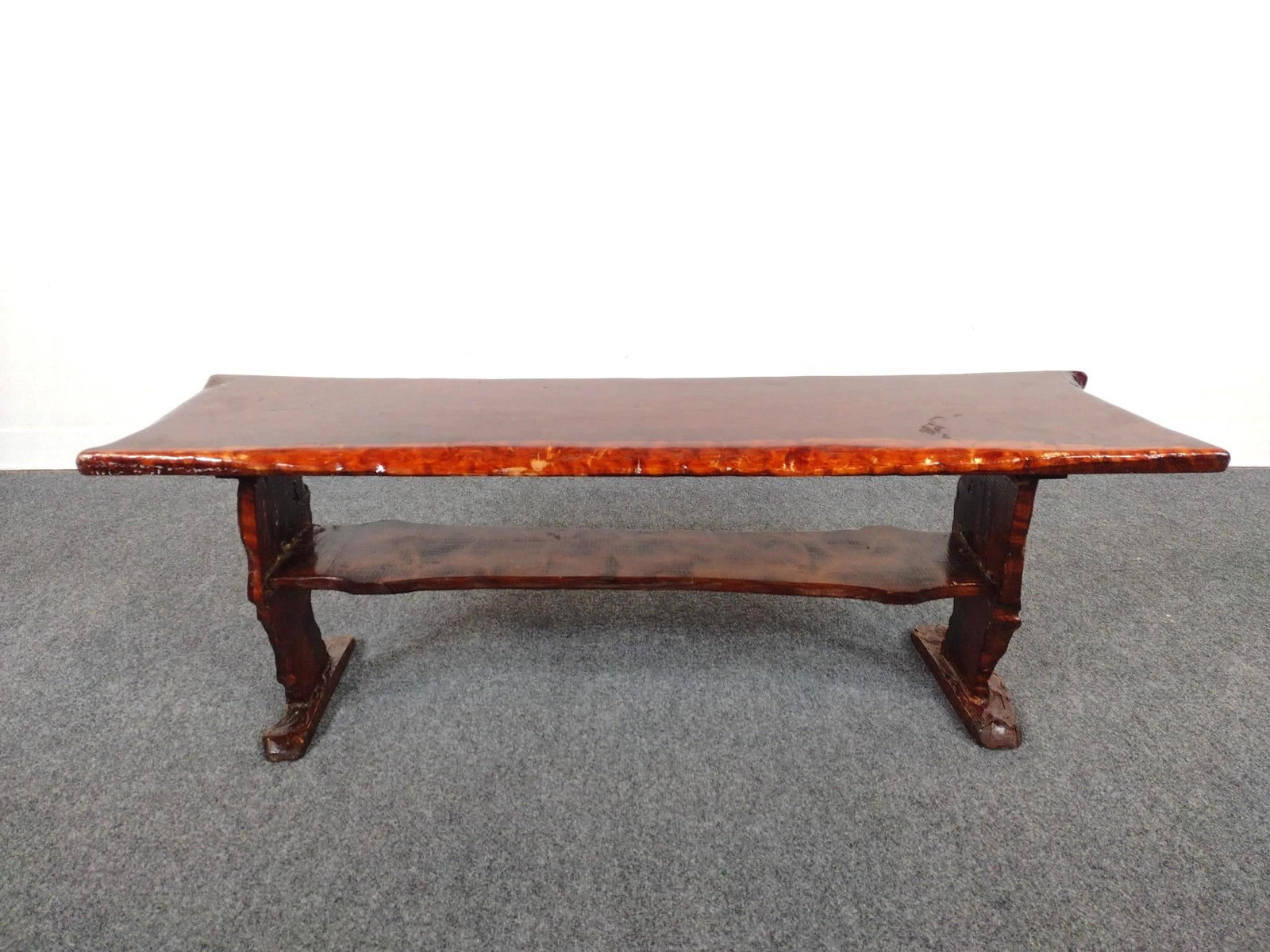 Live Edge Wood Bench: 50" wide X 14" deep X 17-3/4" high. Has some scratches.