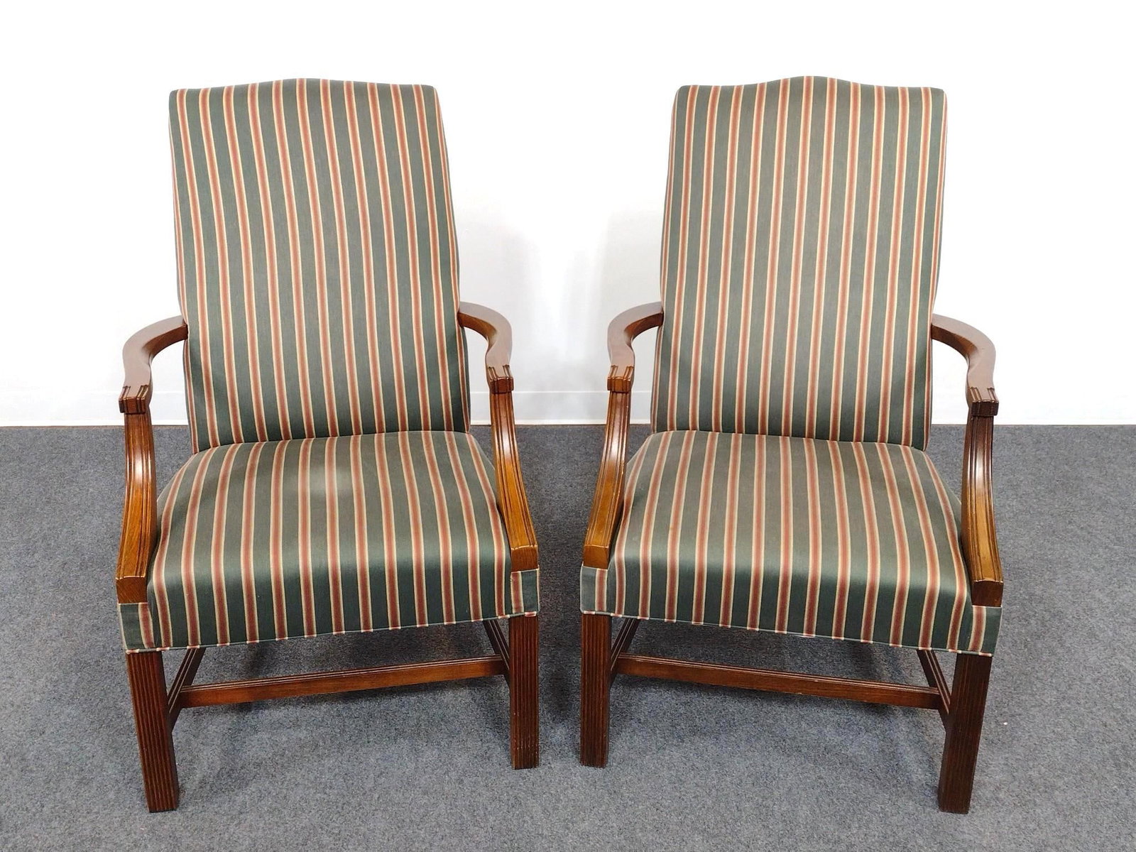 Pair of Fairfield Company Arm Chairs: Each 27" wide X 29" deep X 42" high. Both have a few light scratches on wood frames. Both also have some sun fading.