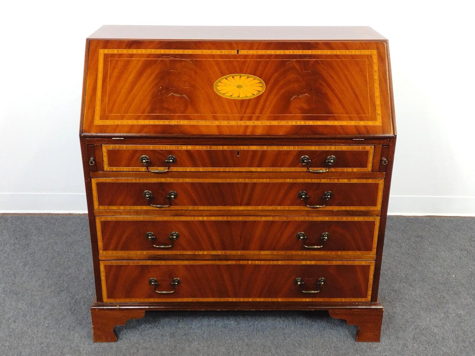 Inlaid Sheraton Revival Slant Front Desk: 47" wide X 18-1/2" deep X 37-1/2" high. Has some scratches.