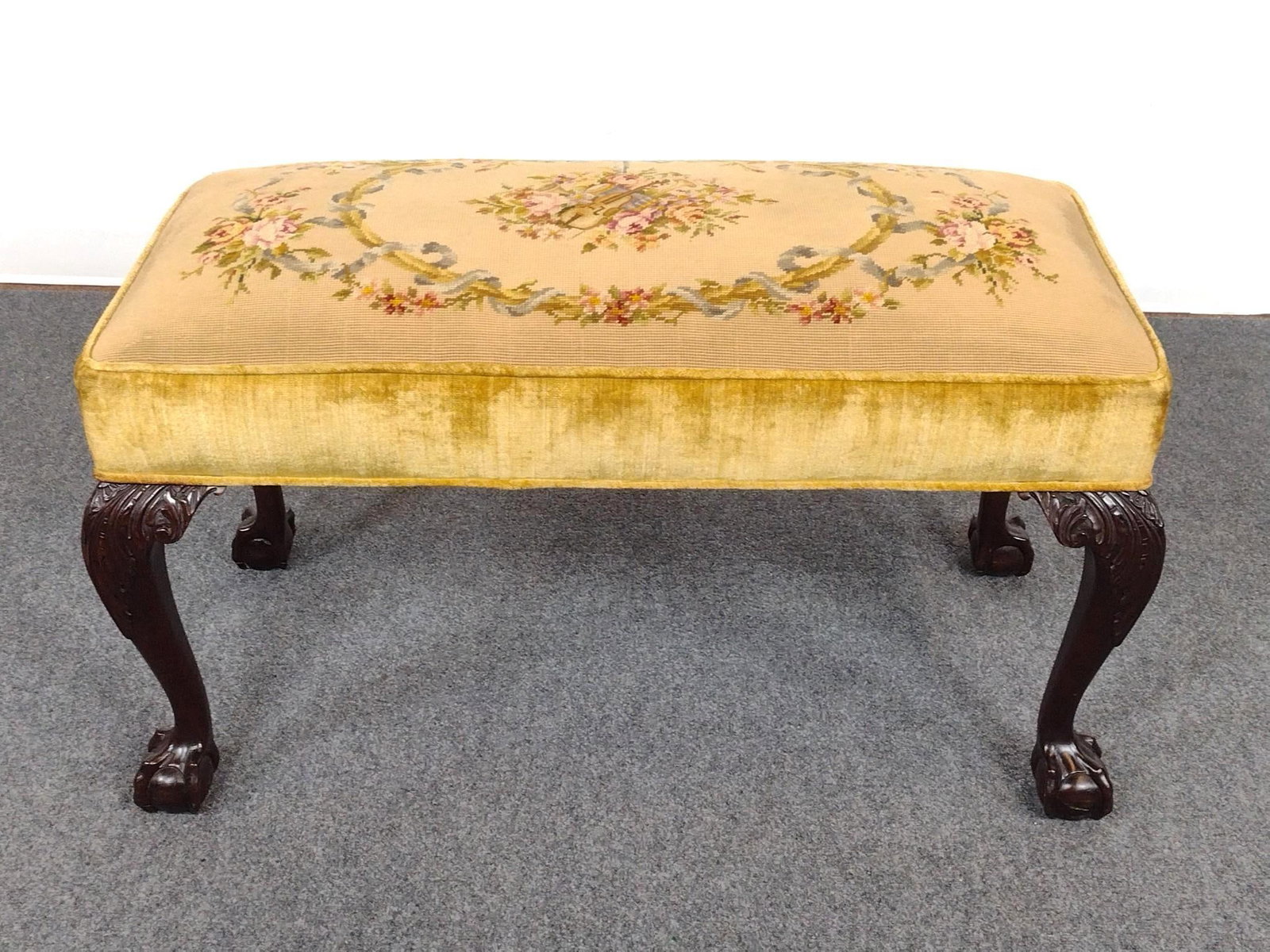 Chippendale Style Needlepoint Music Bench: Ball and claw feet. 38-1/4" wide X 19" deep X 22" high. Legs have some light scratches.