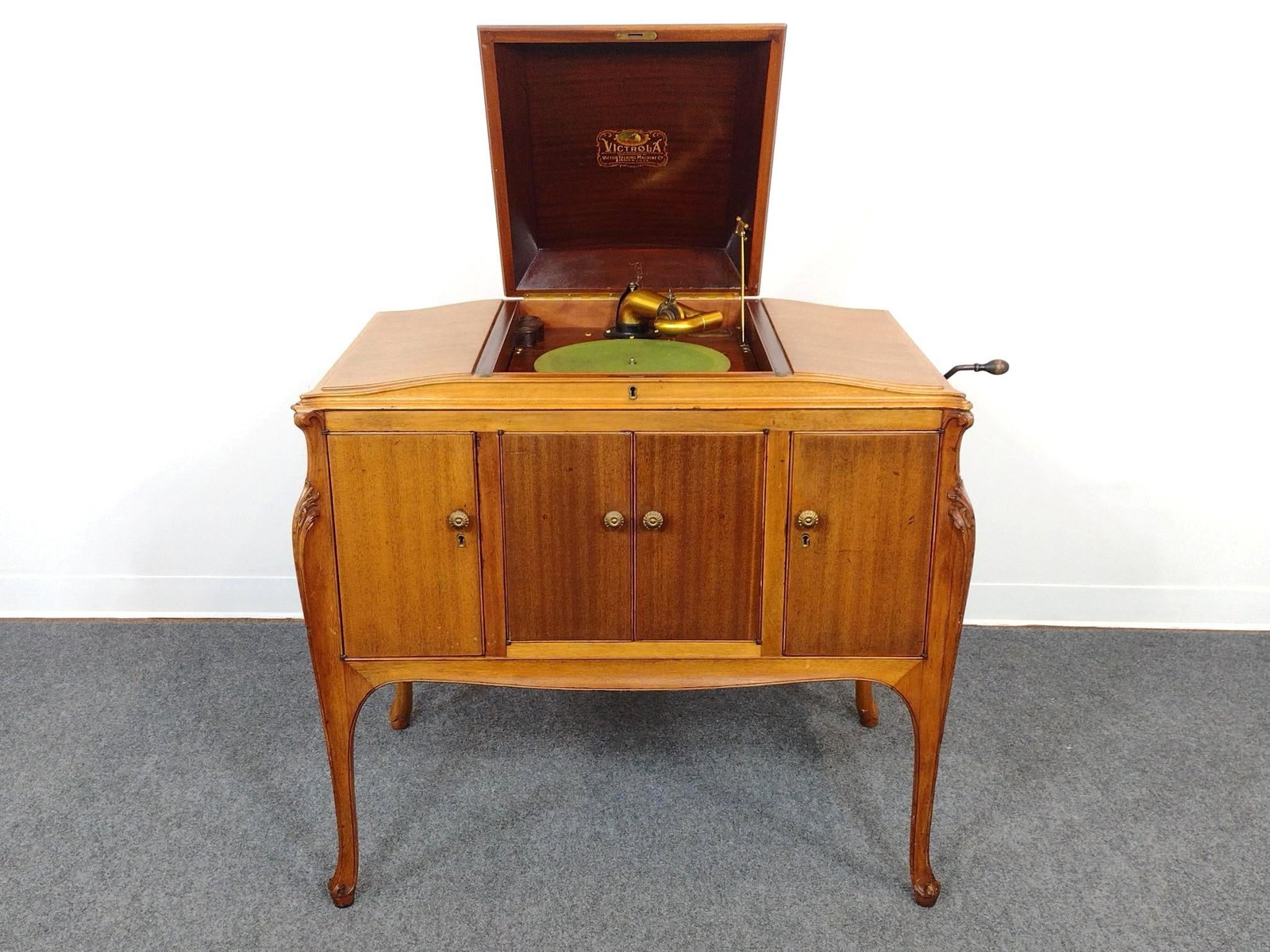 Victrola VV-300 Floor Model Phonograph & Records: 42" wide X 23-1/4" deep X 37" high. Working.