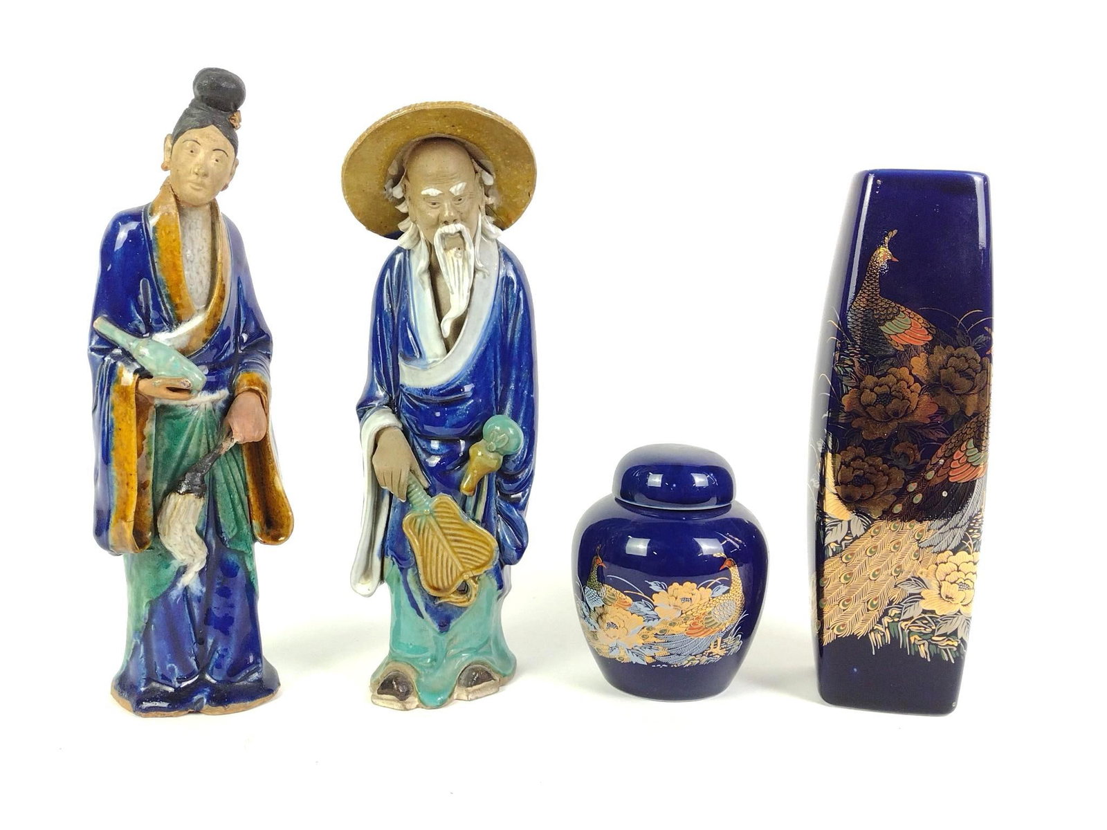 2 Mudmen Statues & Vase and Ginger Jar Set: Vintage male figure measures 3 - 1/2" x 3 - 1/2" x 10 - 1/2", female figure has been repaired, her head has been glued back on at the neck. Small ginger jar matches the vase and measures 4" x 4" x 4 -