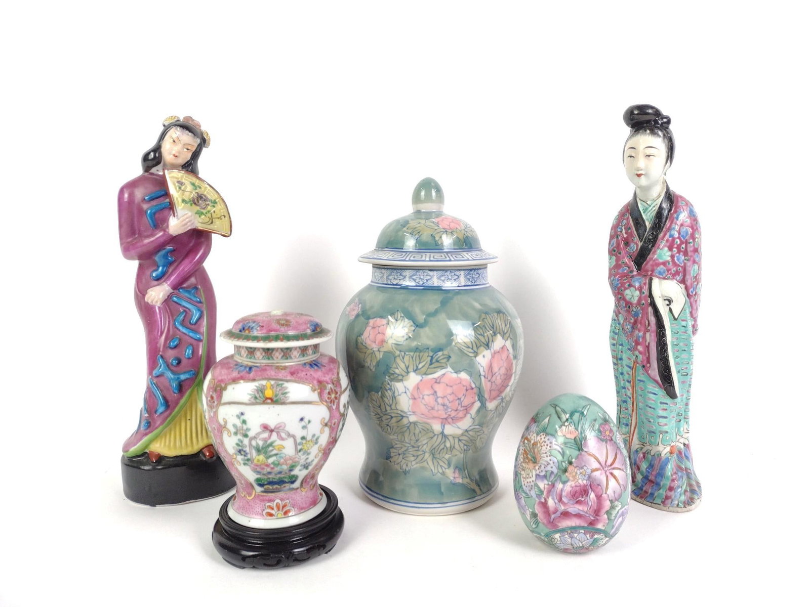 2 Vintage Chinese Statues & 2 Ginger Jars: Also includes a vintage Chinese hand-painted cloisonne egg with decorative base, egg measures 3 - 1/2" x 3 - 1/2" x 4 - 1/2". Larger ginger jar measures 6" x 6" x 10 -1/2". Top point of the smaller gi