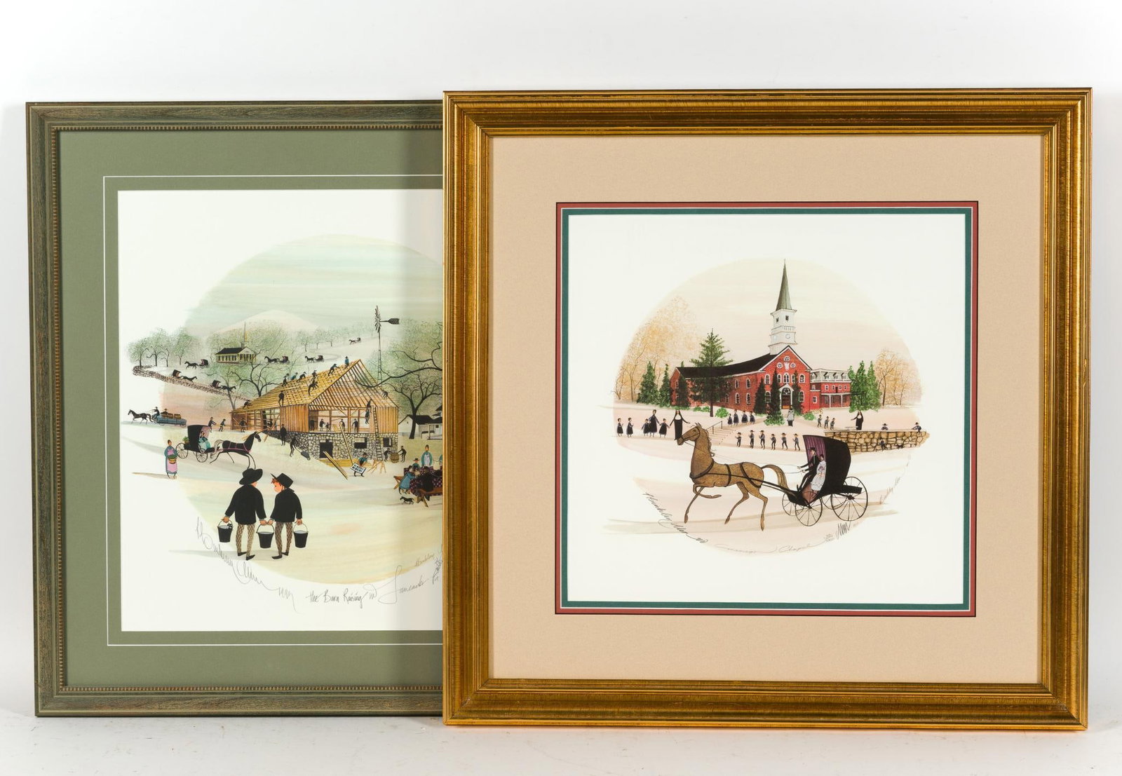 2 Signed P. Buckley Moss Limited Edition Prints: Both framed and signed. 1) "The Red Chapel". 22" x 22 - 1/4" 2) "The Barn Raising" 21 - 1/2" x 21 - 1/2".