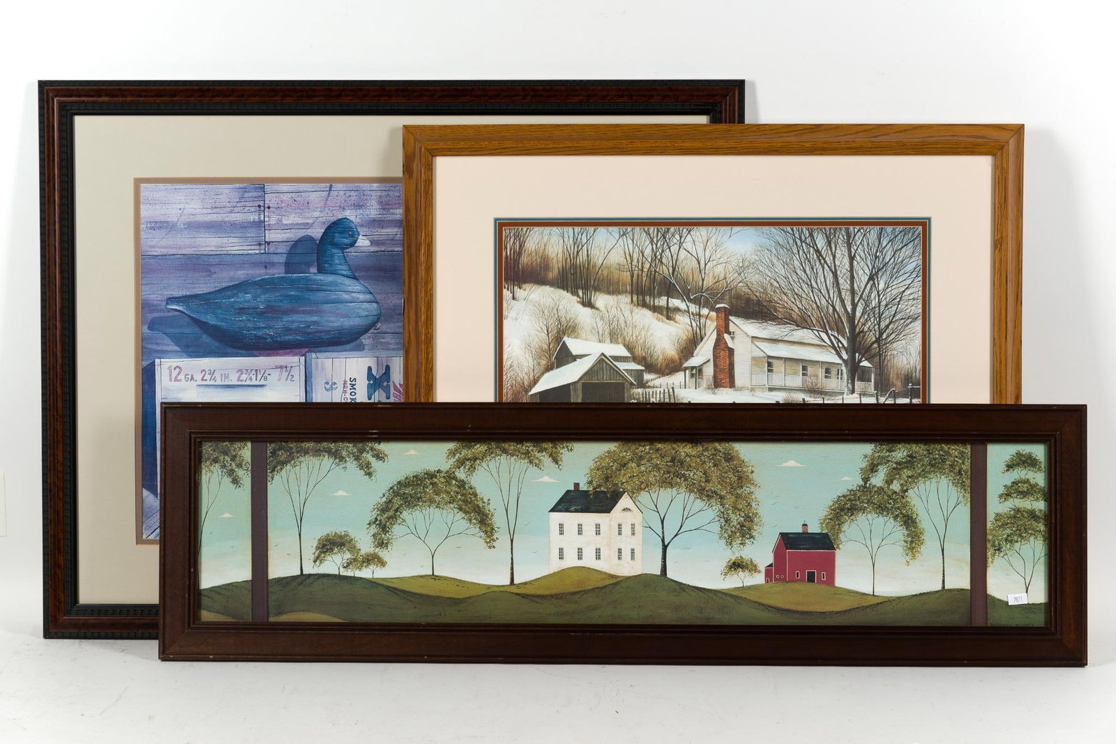3 Framed Works of Art: 1) Framed and signed J. Arrieta print. 22 - 1/4" x 26 - 1/4". 2) Framed folk art print by Warren Kimble. 10 - 3/4" x 39". 3) Framed lithograph by Robert Clontz titled "Currituck Counterfeits." 24" x 3