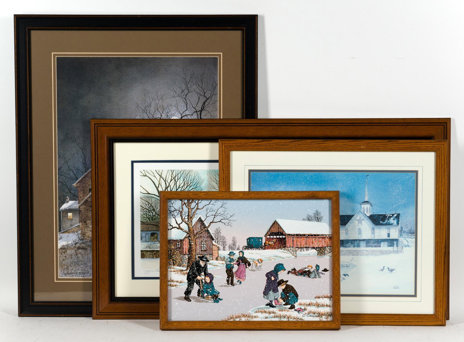 4 Framed Works of Art: 1) Print signed by John Stevens. 19 - 3/4" x 35". 2) Print by Ray Hendershot "Working Late" 29 - 1/2" x 23 - 1/2". 3: Framed print by Joanna Krasansky. 18" x 21 - 3/4". 4) Print by C. Carson "Winter A
