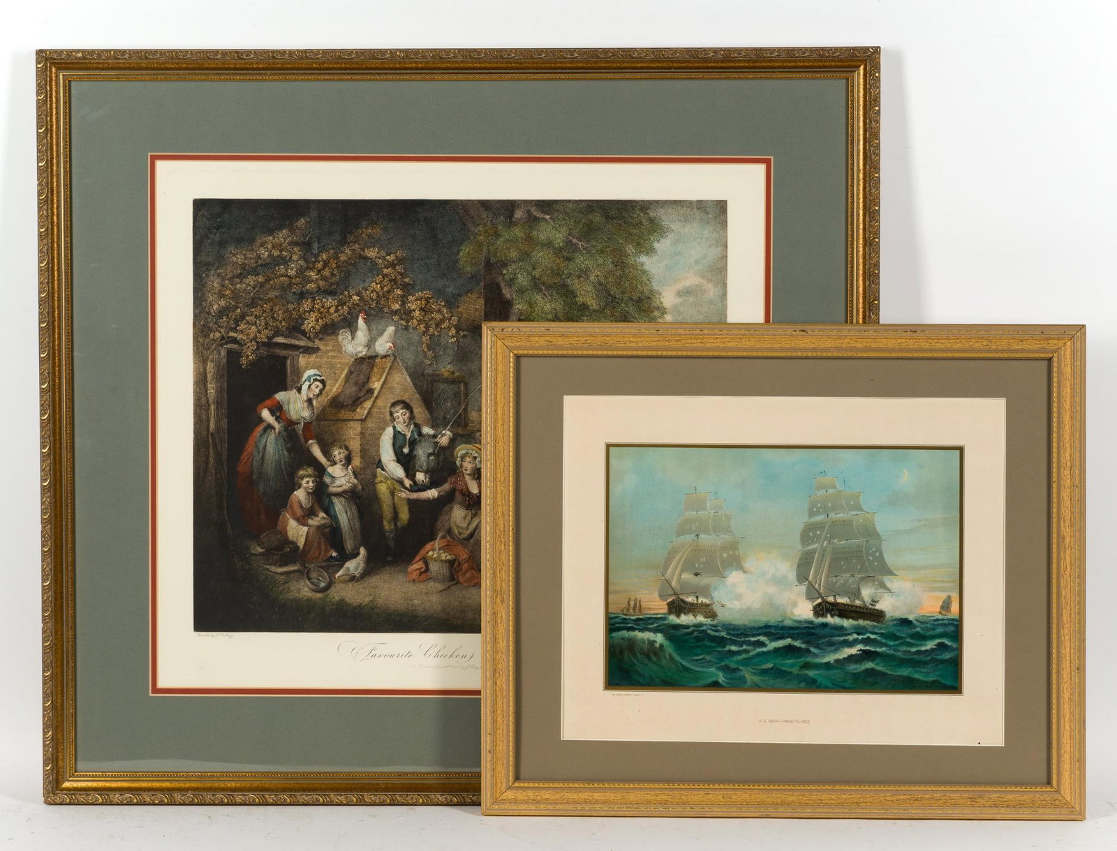 2 Framed Lithographs: 1) "Favourite Chickens Going to Market" originally painted by William Redmore Bigg and engraved by Thomas Burke. 28" x 31". 2) A maritime lithograph called "U.S. Navy - Frigate - 1815" published by Th