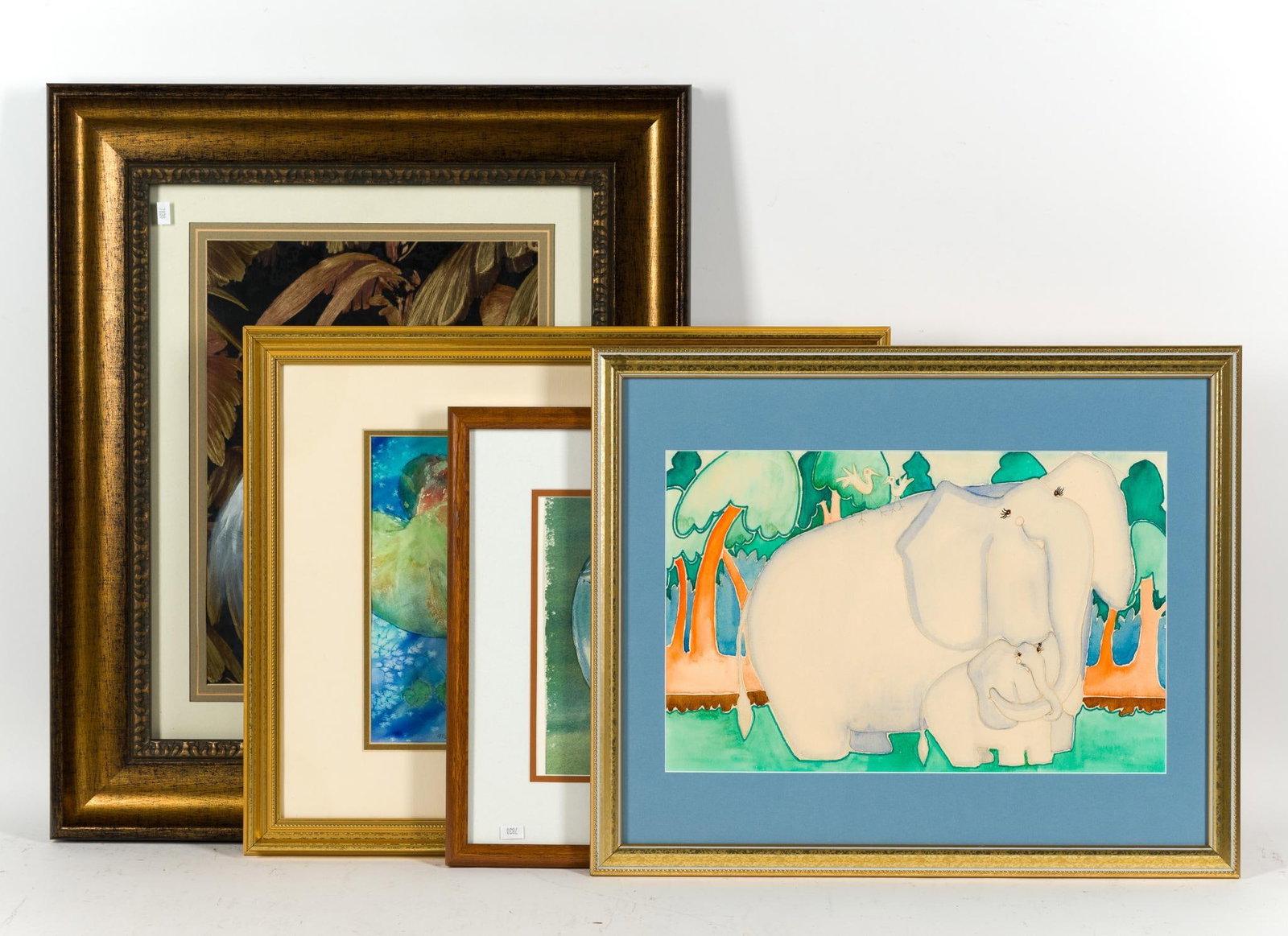 4 Framed Animal Prints: 1) Framed print of a white egret, signed lower right. 26 - 1/2" x 22 - 1/4". .2) Framed cat and goldfish print. 15 - 1/2" x 22". 3) Unsigned elephant watercolor. 18" x 22". 4) Marcia Leister "Fish Pon
