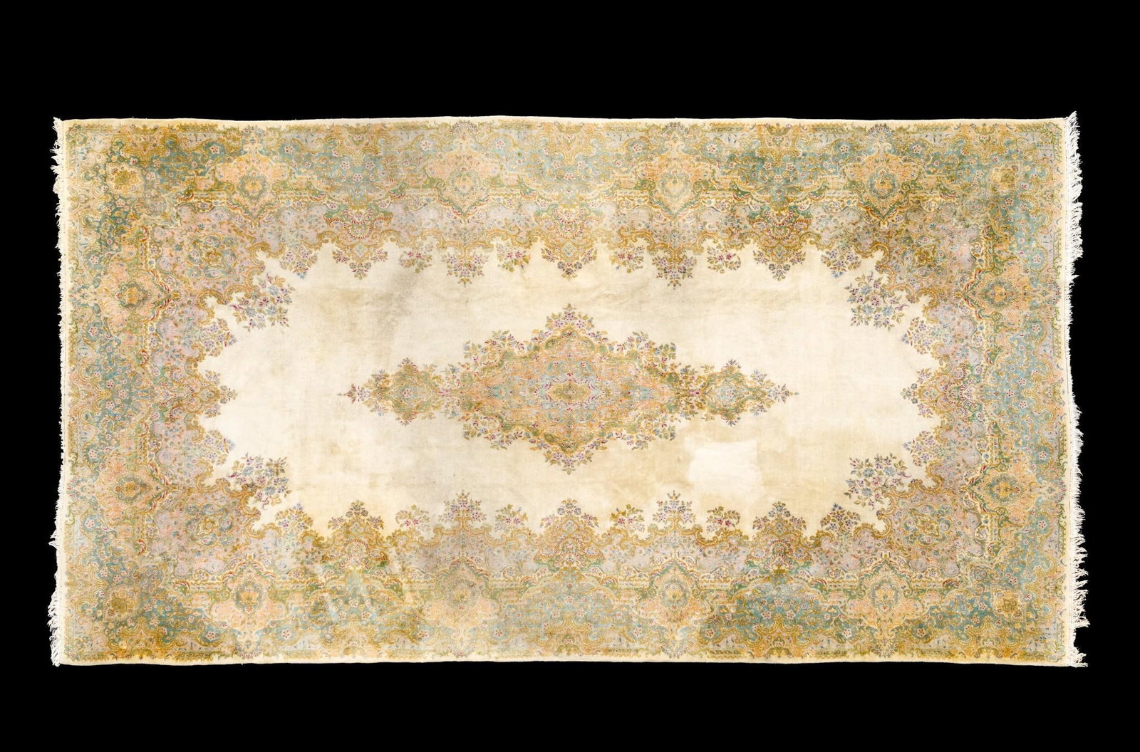 Persian Kirman Palace Size Oriental Wool Rug: Palace size genuine hand-woven Oriental rug. 21'6" long X 11'6" wide. Provenance: Purchased the day of the Kennedy Assassination on Nov. 23, 1963.
