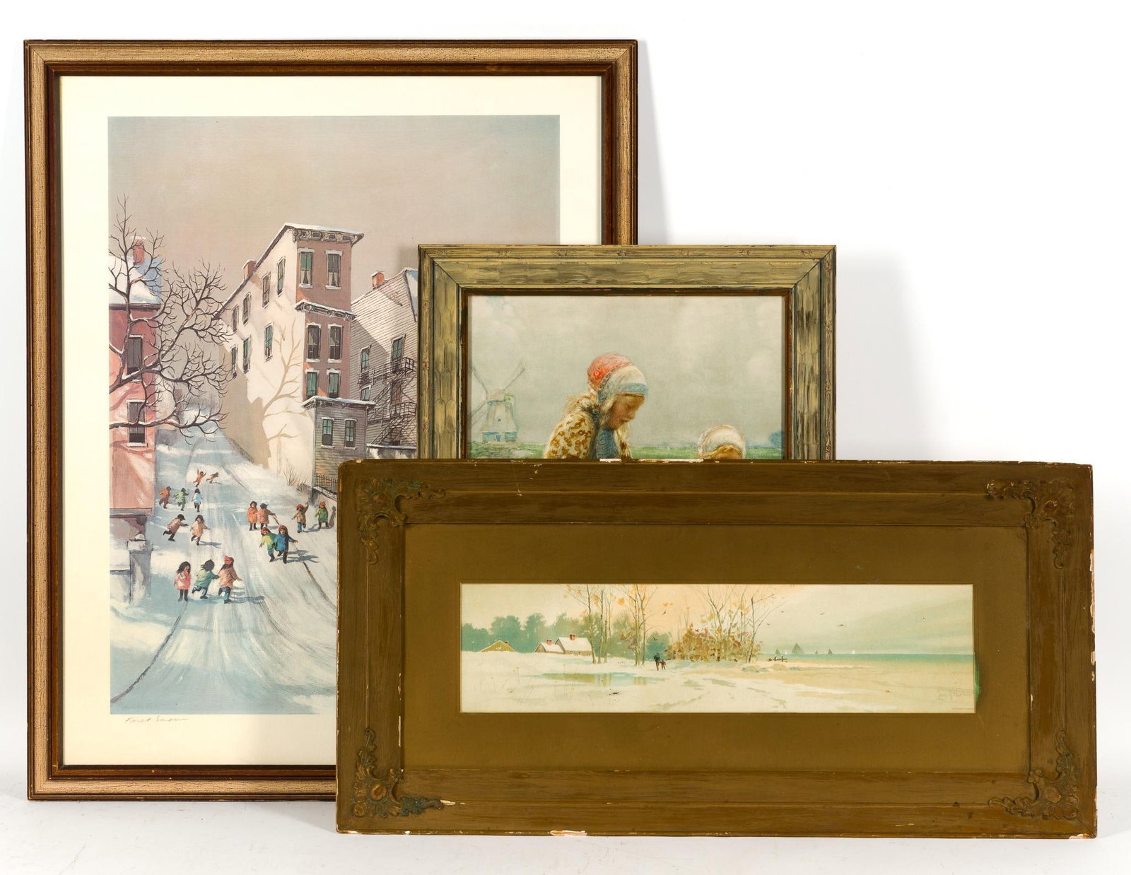 3 Framed Works of Art Incl. Robert Fabe (1917 - 2004): 1) Framed lithograph Robert Fabe (1917 - 2004) "First Snow". 30 - 1/2" x 24 - 1/2". 2) Framed lithograph Franz Charlet (1862 - 1928) "Two Dutch Girls" 22 - 1/2" x 16 - 1/2". 3) Framed print of a Louis