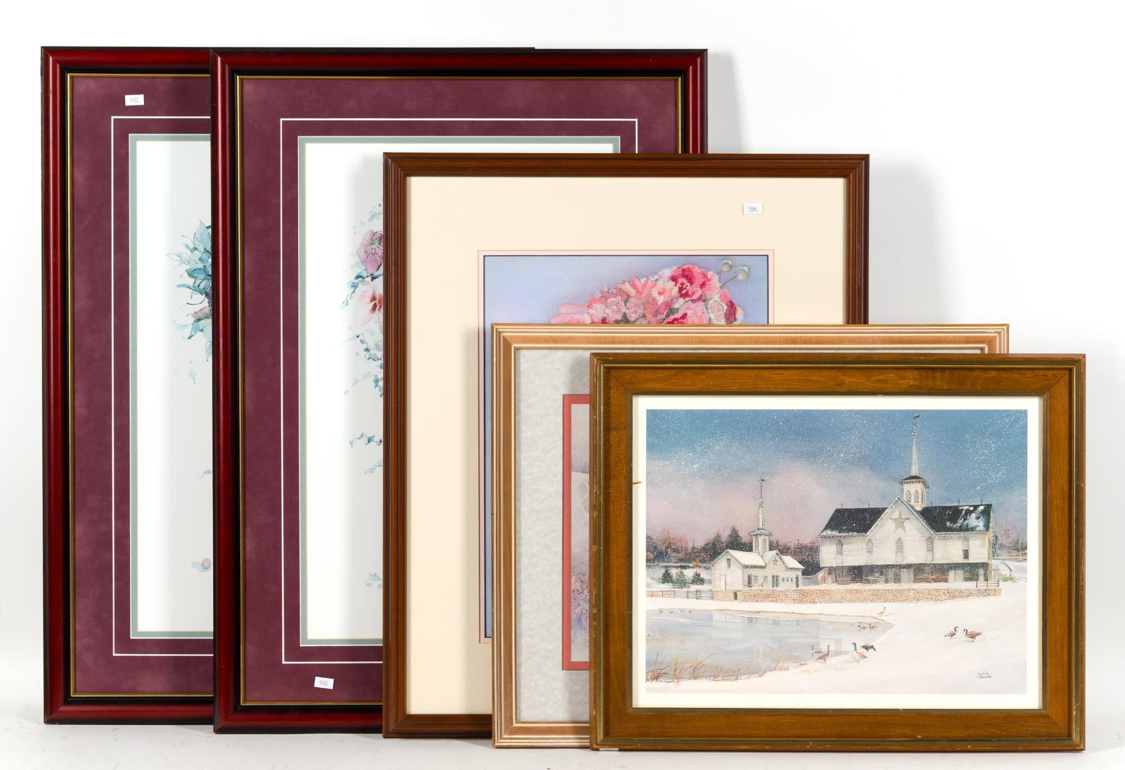 5 Framed Vintage Works of Art: 1) Needlework image of Sue Halstenberg's "Lady Jessica". 24 - 3/4" x 20 - 1/2". 2) Framed lithograph. Joanna Krasnansky "Star Barn". 16 - 3/4" x 20 - 3/4". 3) Framed lithograph of a flower basket. 17 