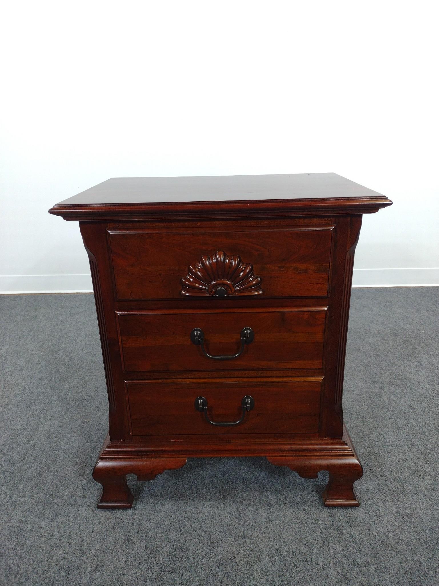 Three Drawer Nighstand: 24" wide X 16-1/2" deep X 28" high. Has some light scratches. No manufactures name found.