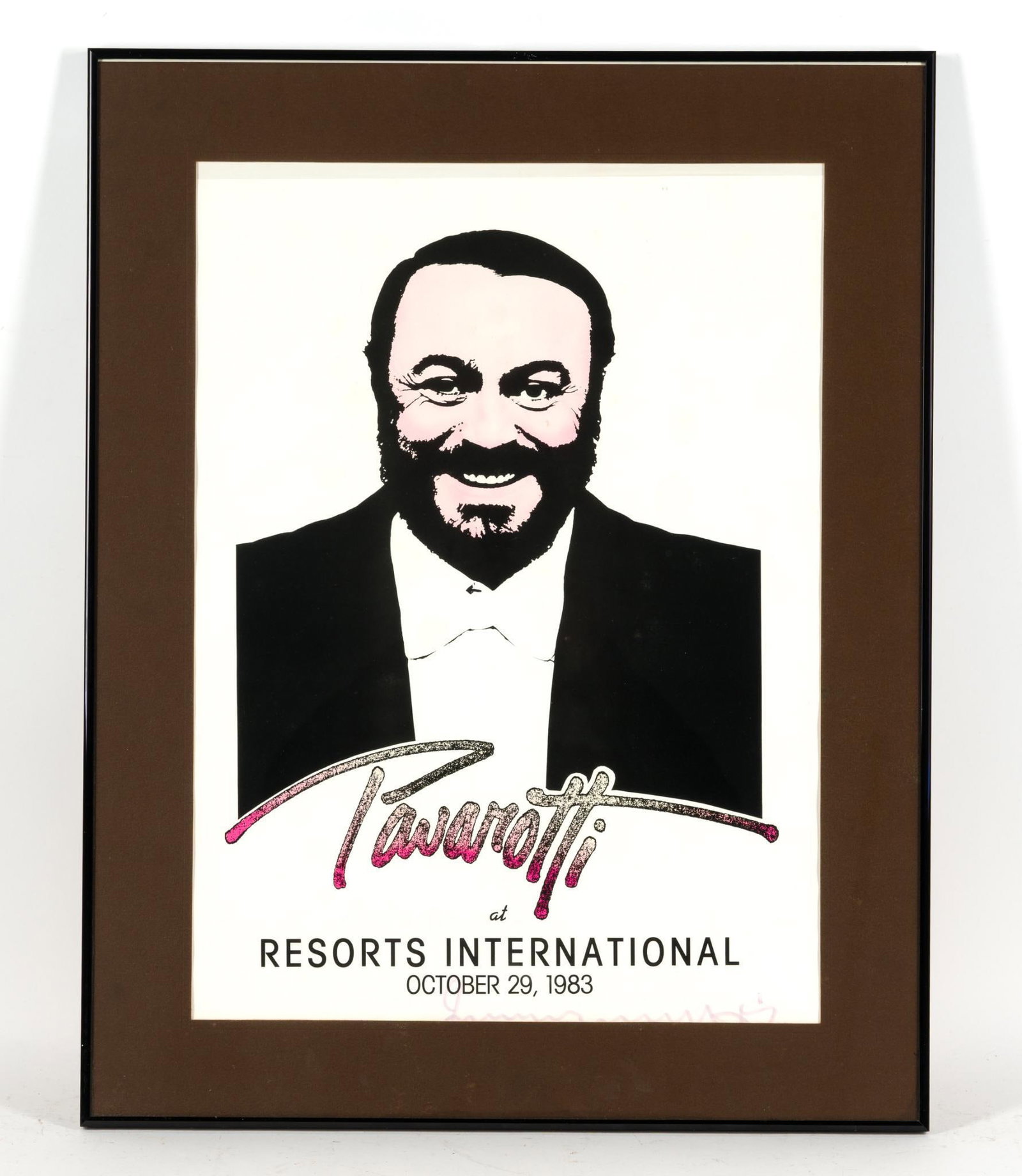 Signed Pavarotti Poster: Frame measures . From his performance at Resorts International in Atlantic City, NJ on October 29, 1983.