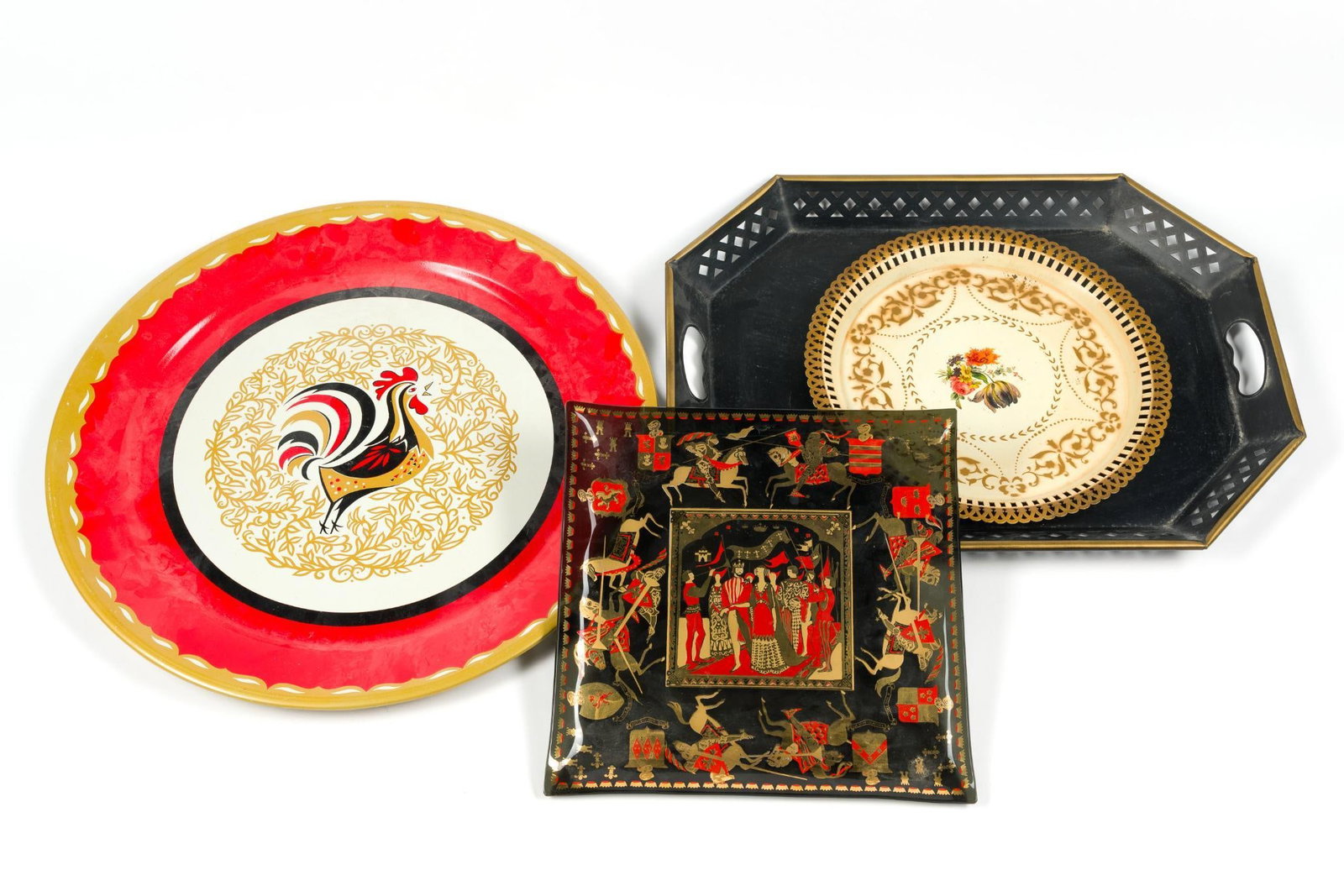 3 Metal Trays & Glass Tray: Largest metal tray measures 20" long by 15" wide. Includes "Social Supper" metal tray (12" in diameter), mid-century modern Dan Baird bent smoked glass tray (11 - 3/4" x 11 - 3/4" square), vintage cou