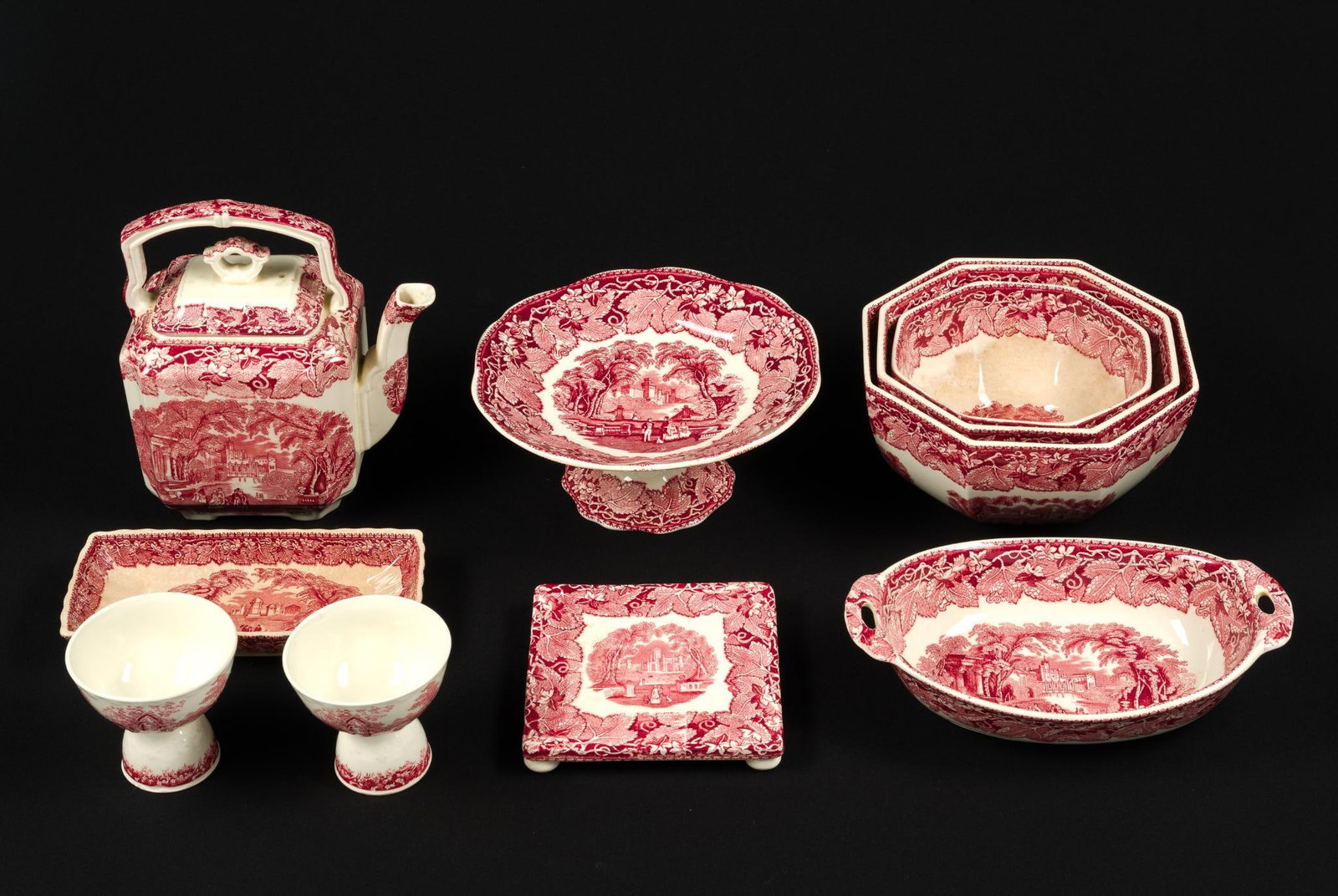 Mason's China Co. Ironstone "Vista": Includes 3 bowls, 2 goblets, 2 trays, a teapot, a tile and a cake tray. Teapot measures 8" x 5" x 9", and the small goblet measures 3 - 3/4" x 3 - 3/4" x 3 - 1/2".