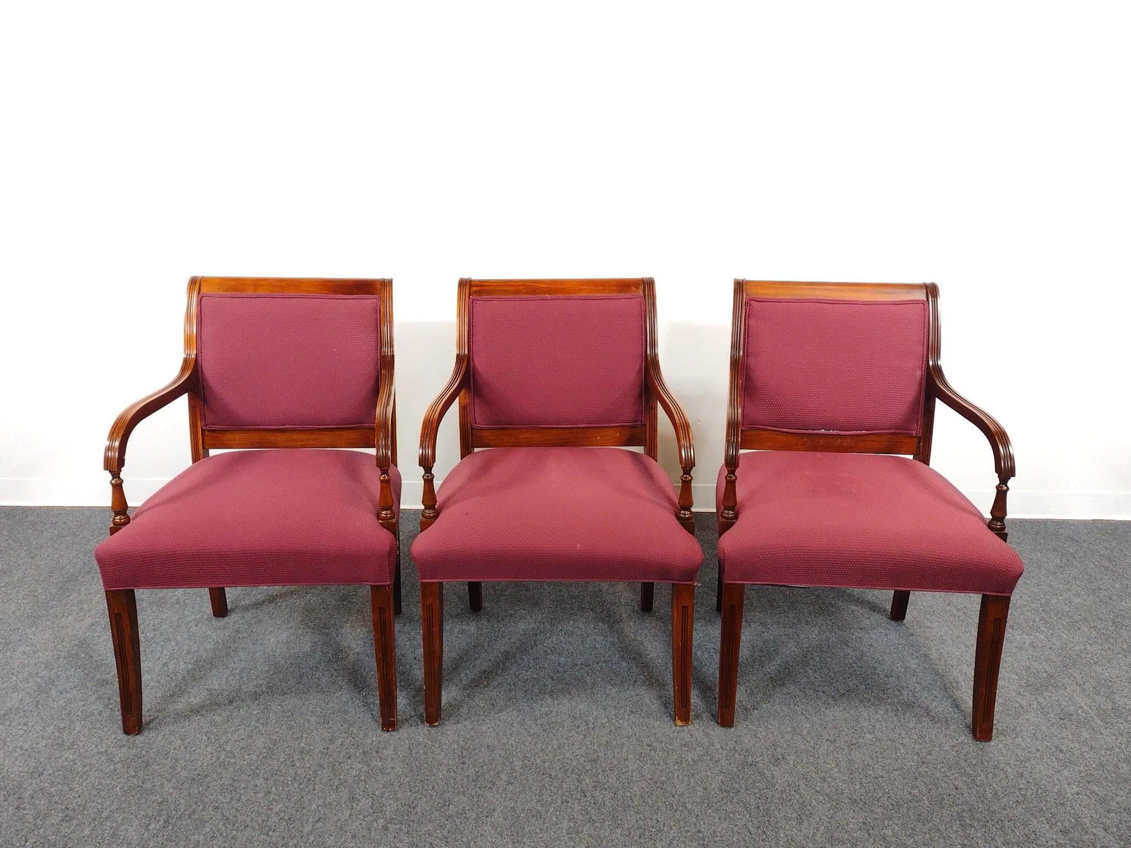 3 Fairfield Armchairs: Each 24-1/2" wide X 22-1/2" deep X 36-1/4" high. One has discoloring to seat.
