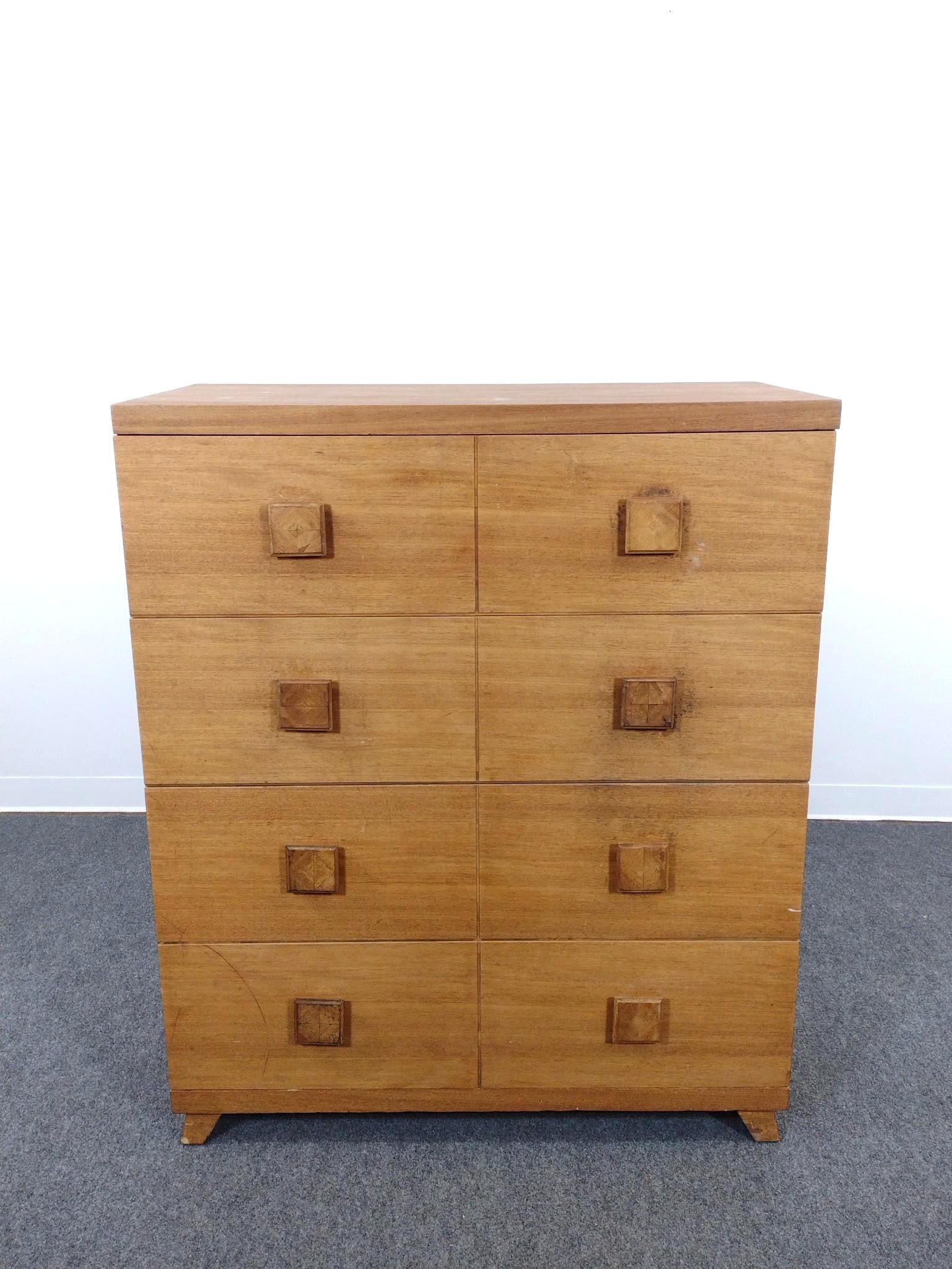 Tall Chest of Drawers: 40" wide X 21-1/2" deep X 48-1/2" high. Has some light scratches and sun fading.