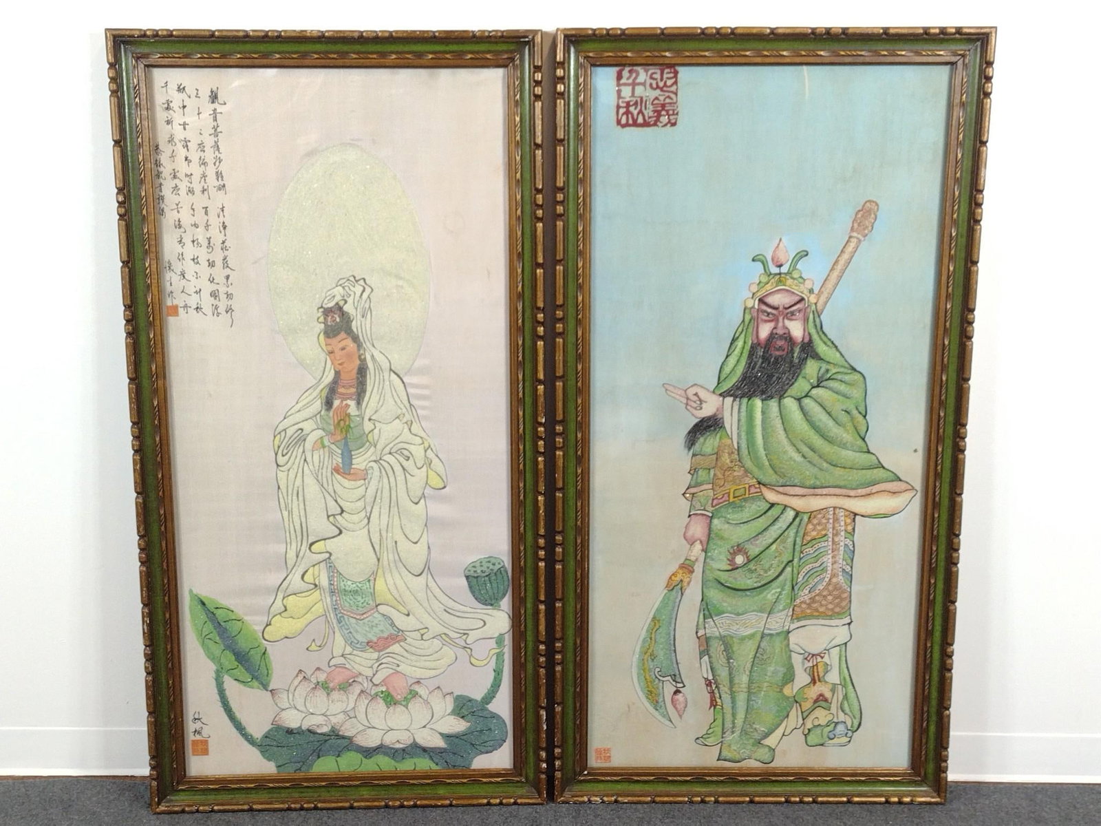 Pair of Glow-In-The-Dark Large Chinese Embroidered Silks: Depicting Guanyin, the Bodhisatva of compassion standing on a lotus flower pedestal and Guan Yu, recognizable by his long black beard and his iconic weapon, the Green Dragon Crescent Blade (Kwan Dao),