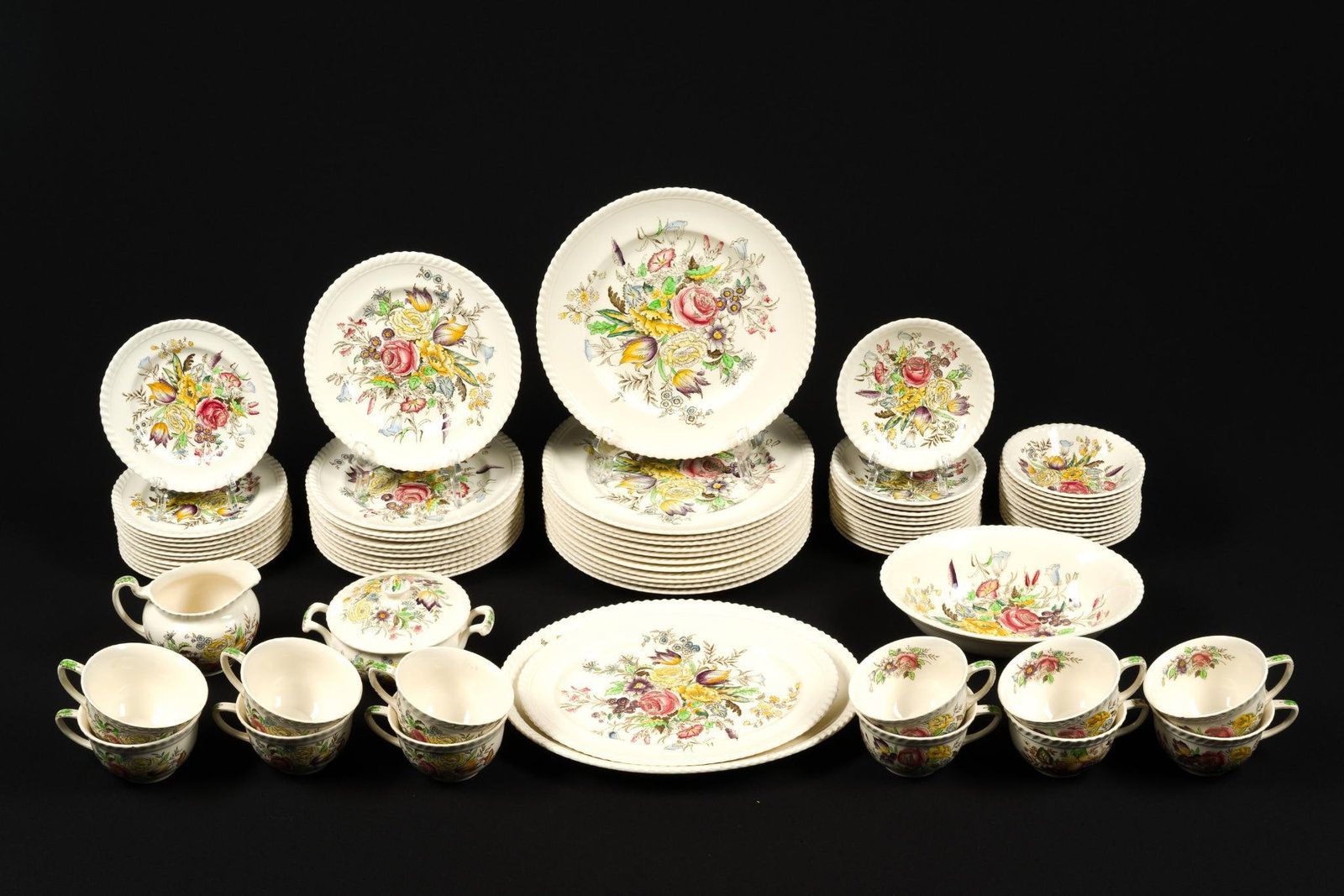 Johnson Bros. Windsor Ware "Garden Bouquet": Dinner plate measures 10" in diameter and the largest tray is 12" long.
