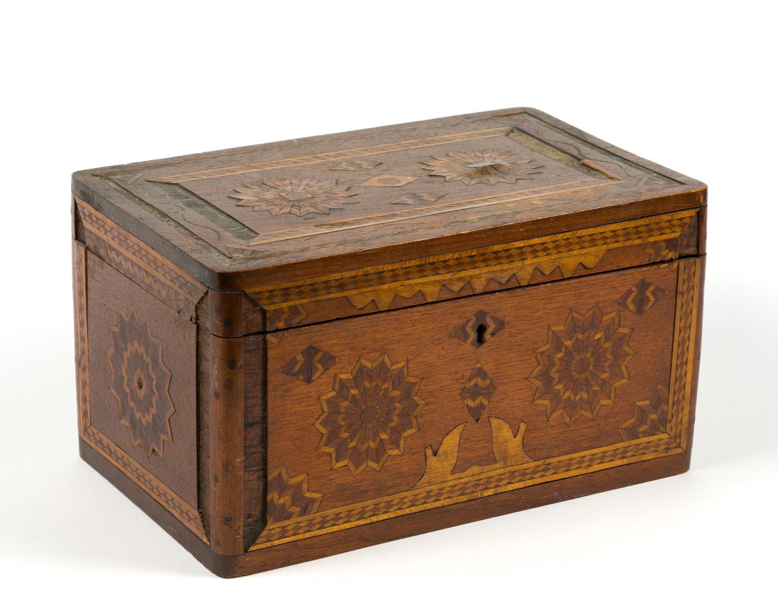 Inlaid Mahogany Tea Caddy: Some losses on the inlays, some of the pieces that have fallen off are in the box and available for repair. Measures 14" x 8 - 1/2" x 7 - 3/4".