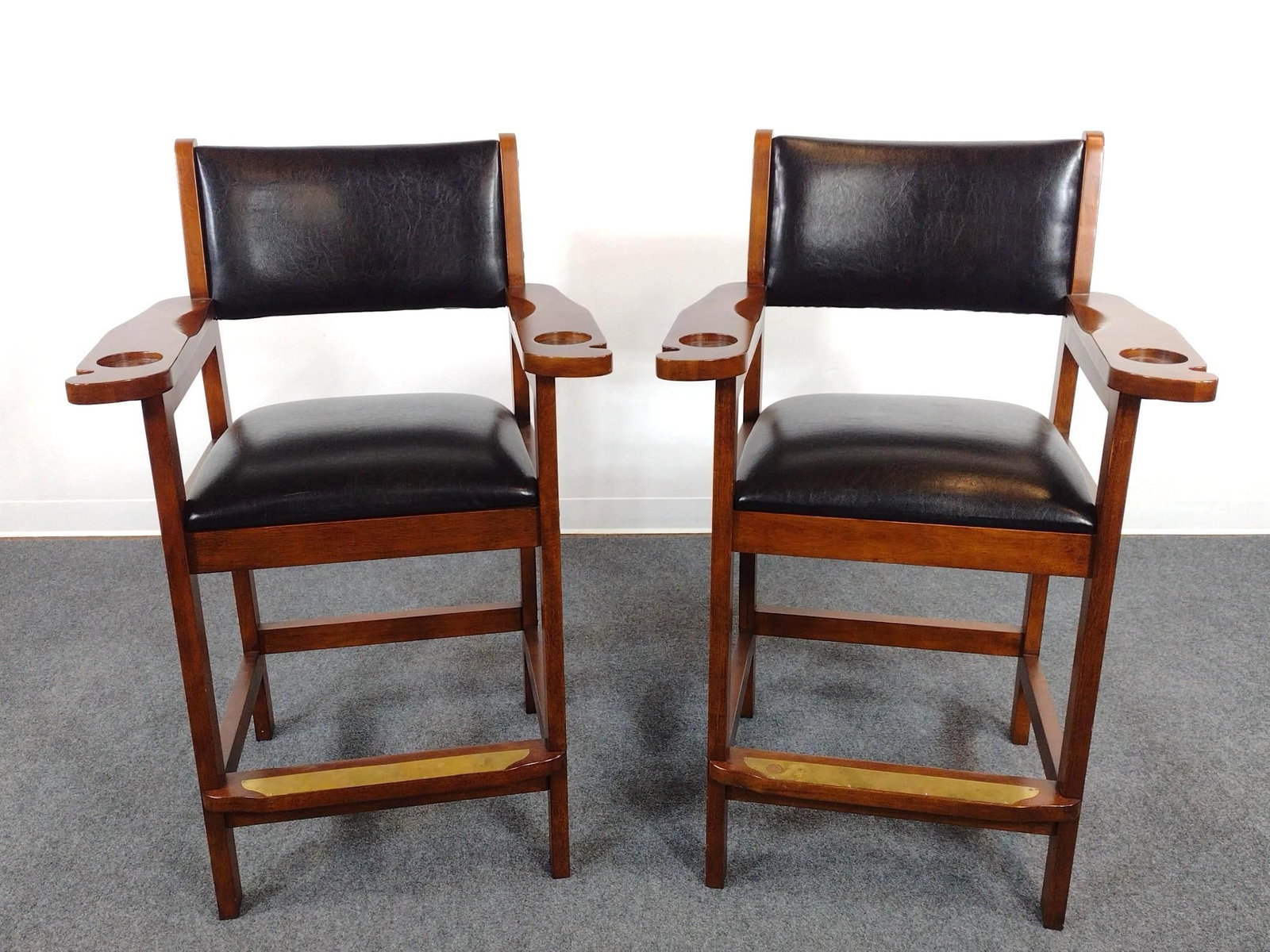 Pair of High Back Billiard Stools: Each 28" wide X 22-1/2" deep X 44-1/2" high. No manufactures name found.
