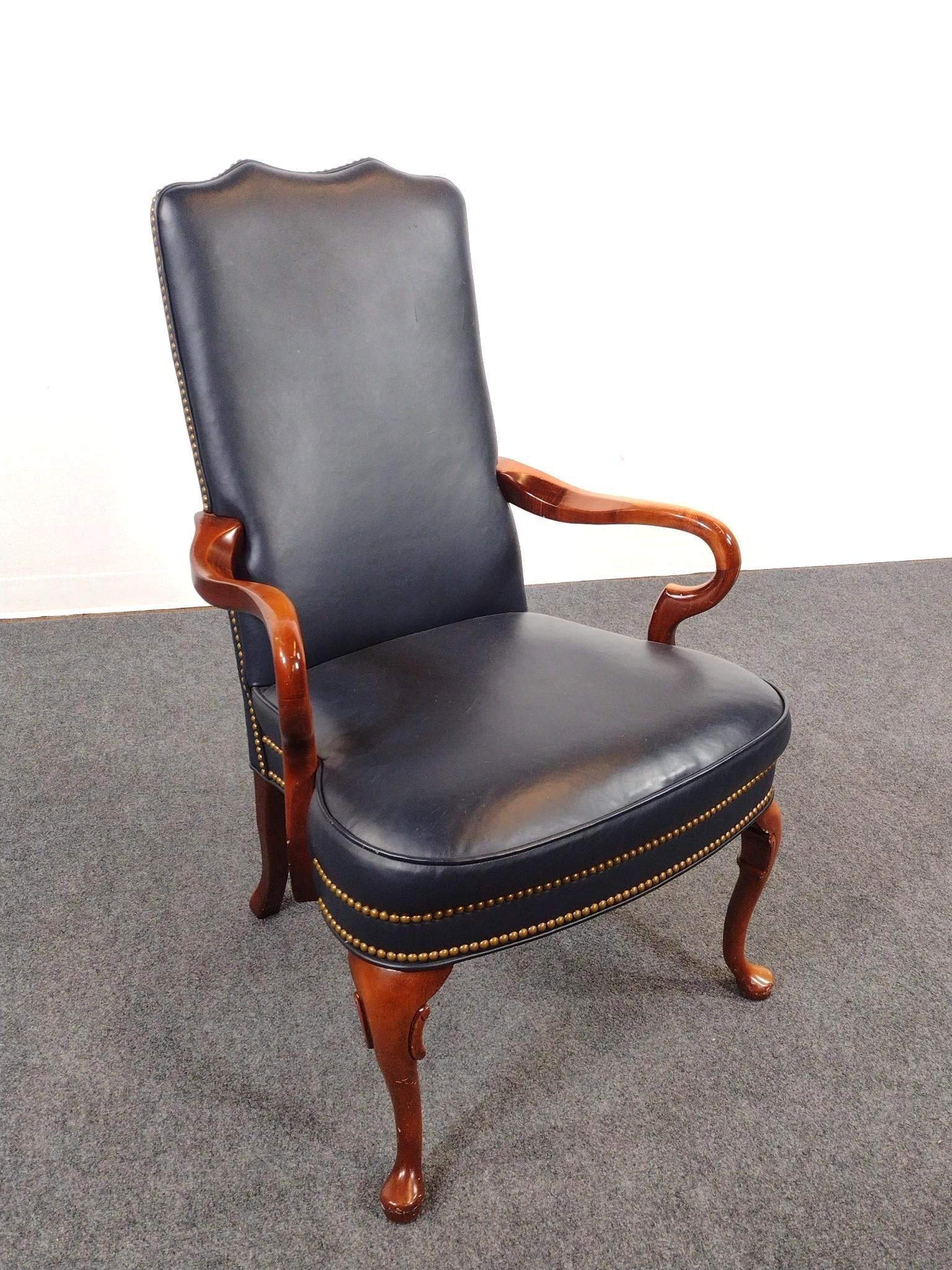 Laurent Leather Arm Chair: 27" wide X 24-1/2" deep X 42-1/2" high. Has some scratches to wood frame and leather.