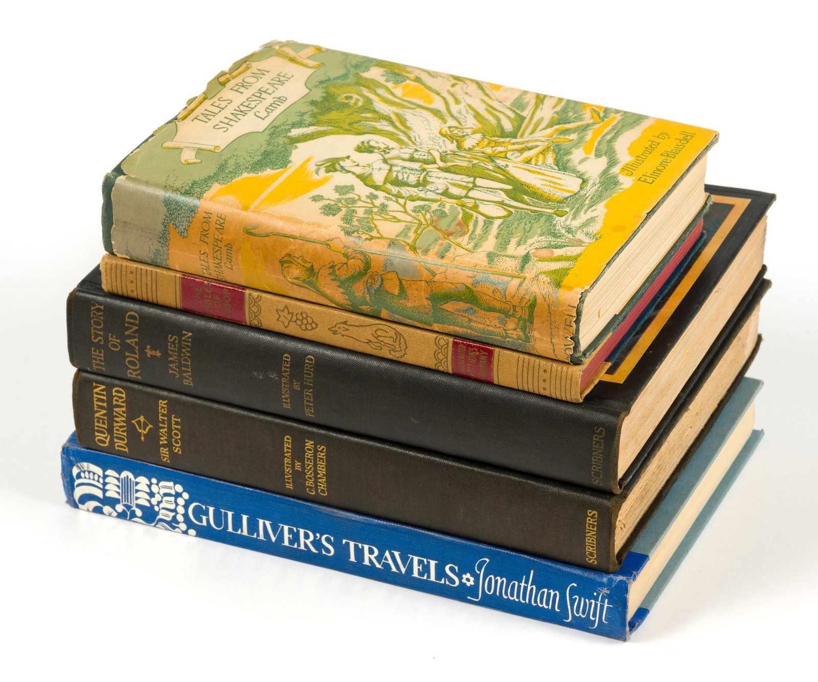 5 Vintage Hardcover Books: Lot includes Tales From Shakespeare by Charles and Mary Lamb, Quentin Durward by Sir Walter Scott illustrated by C. Bosseron Chambers, Gulliver's Travels by Jonathan Swift, The Tales of Roland by Jame