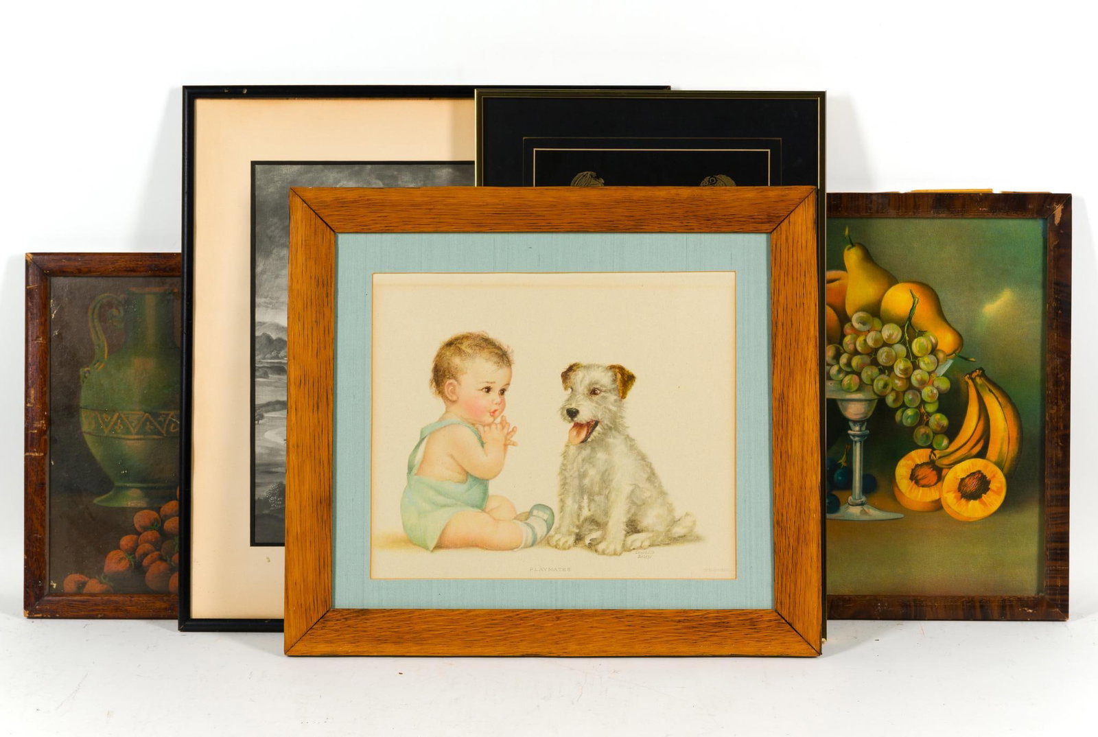5 Framed Works of Art: 1) A portrait by Valerie Klee-Carlson. 22 - 1/4" x 20". 2) Charlotte Becker "Platmates" print. 18 - 3/4" x 21 - 1/4". 3) Medieval rubbing print. 22 - 1/4" x 14 - 1/4". 4) Lithograph produced by the Ja