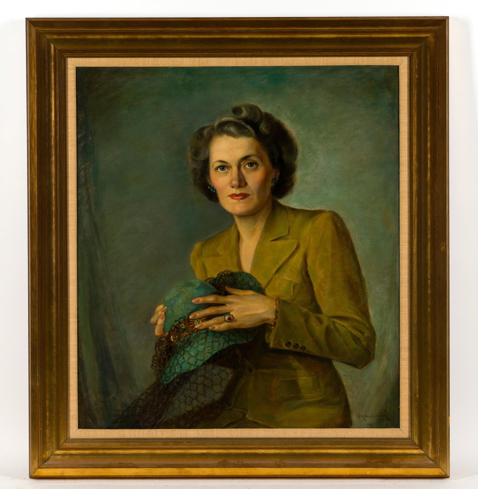 Valarie Klee-Carlson (b. 1907) Oil Painting on Canvas: Portrait sight measures 27 - 1/2" x 24 - 1/2". Overall with frame measures 35 - 1/4" x 32 - 1/4". Valarie Klee-Carlson was born in 1907 in Cincinnati, Ohio. Painting signed and dated 1946.