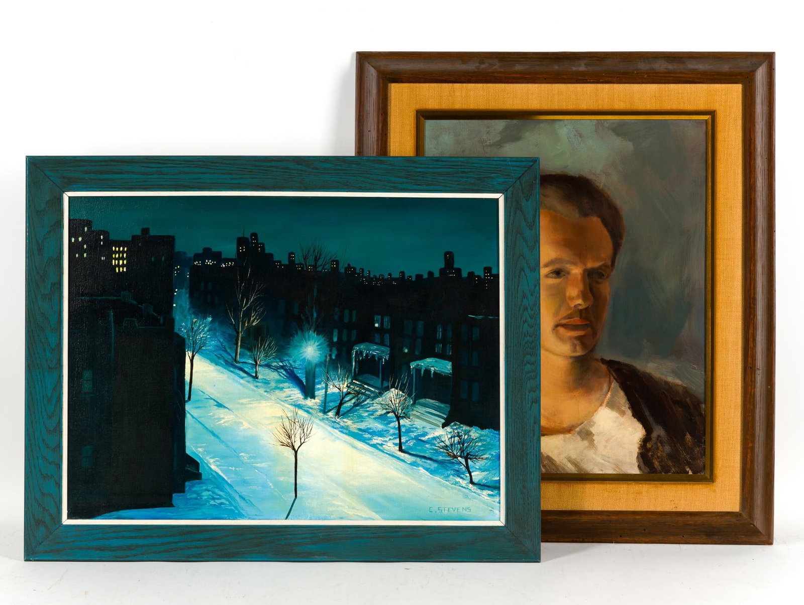 2 Framed Vintage Oil Paintings: 1) Blue frame oil painting signed C. Stevens, image of Chicago in the winter. 22" x 28". 3) Unsigned framed oil painting of a portrait of a man. 27 - 1/2" x 23 - 1/2".