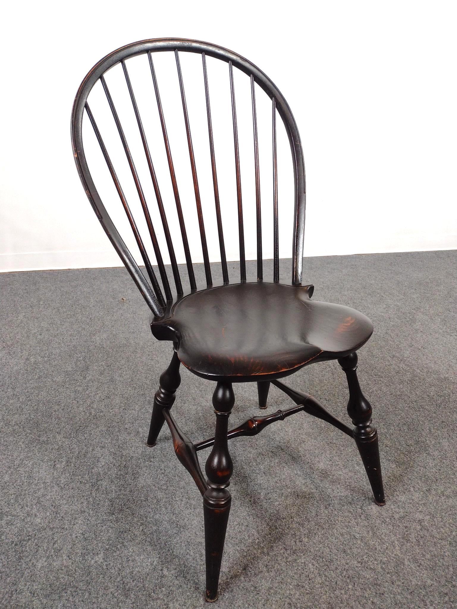 D.R. Dimes Bowback Windsor Chair: 21-1/2" wide X 18" deep X 38-1)4" high. Has some light finish loss in areas.