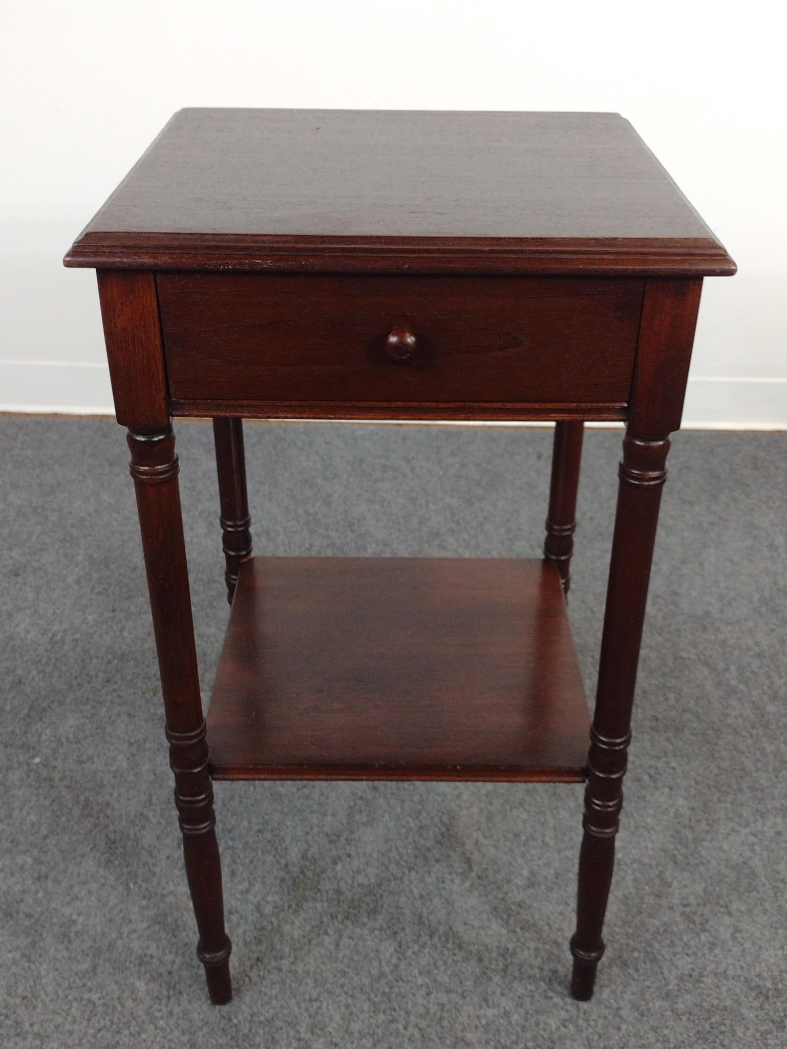 Sheraton Style Single Drawer Work Table: 16" wide X 14-1/2" deep X 29-1/2" high. Has some light scratches.
