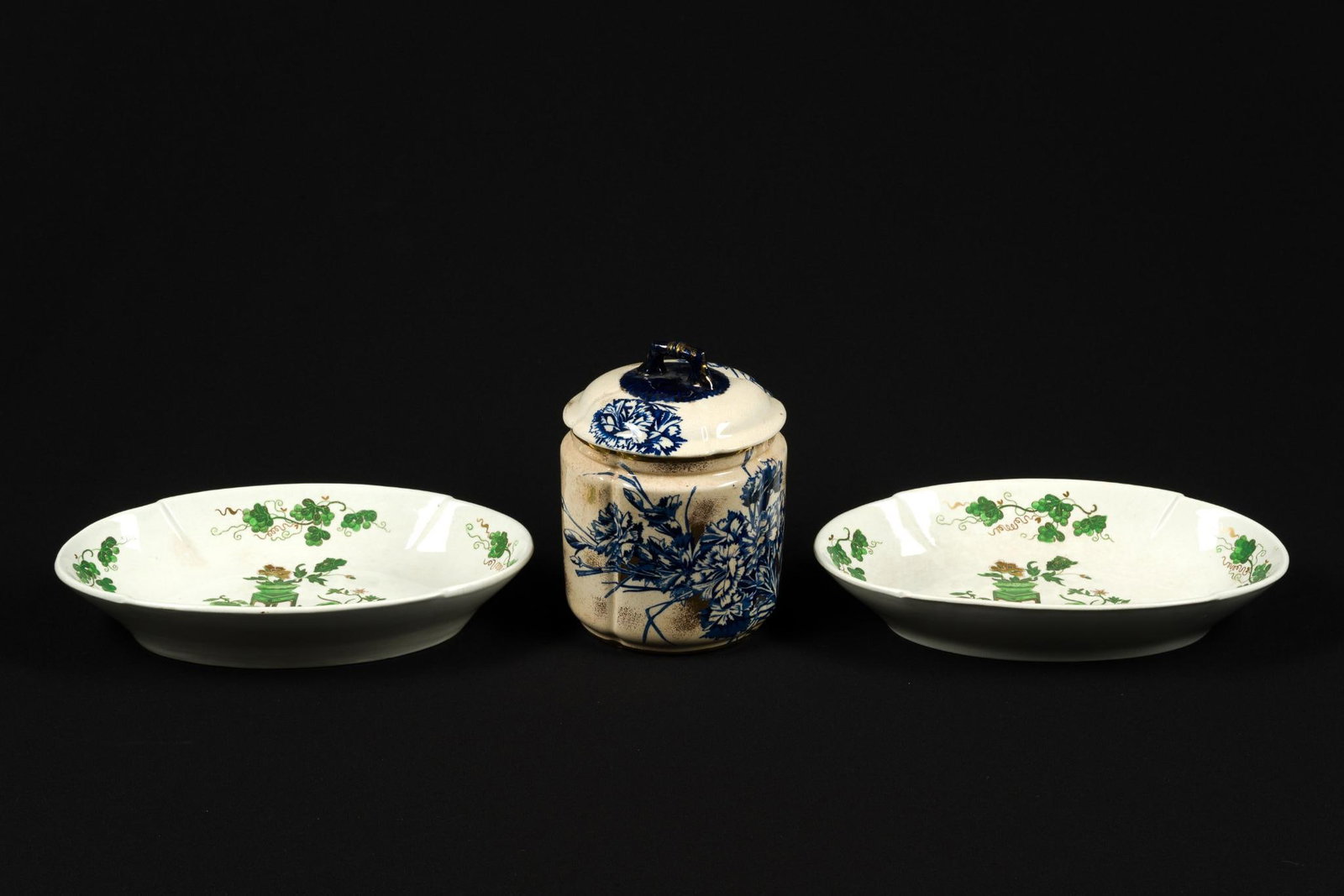2 Antique Porcelain Trays & Burroughs and Mountford Jar: Trays measure 10 - 3/4" x 7 - 1/4" x 2" and the jar measures 5" x 5" x 7".