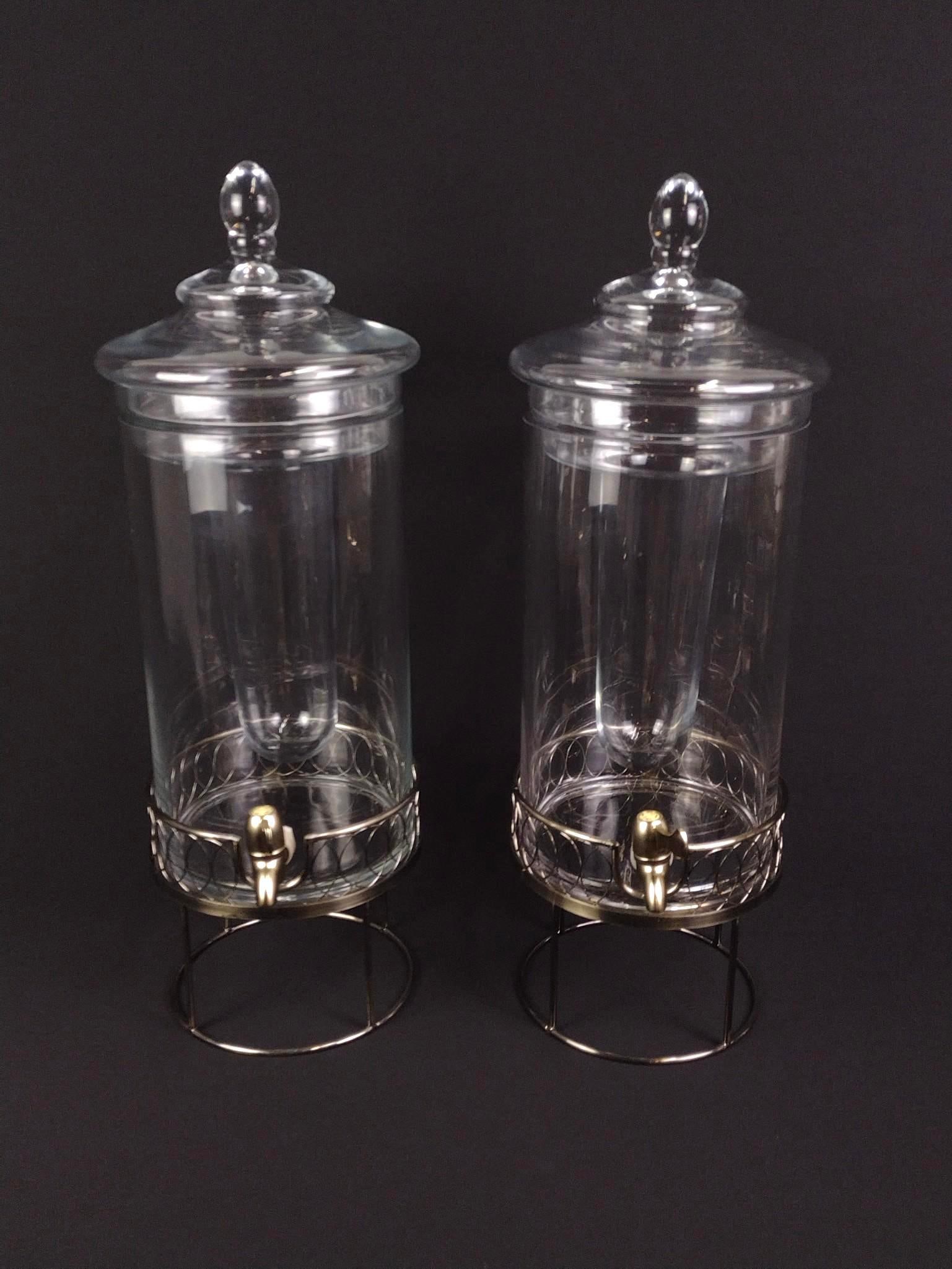 2 Large Glass Drinking Dispensers: Each 9-1/2" to 27" high.