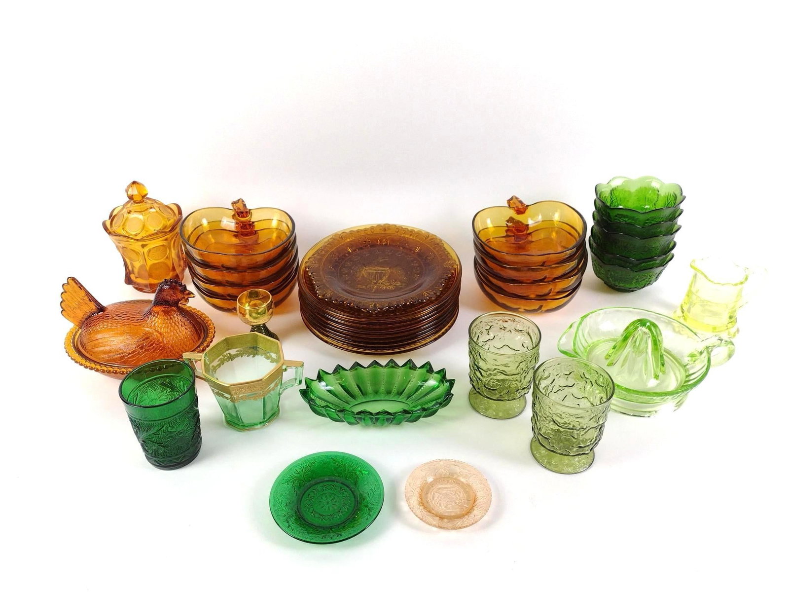 Green & Amber Glass Incl. Hen on Nest: 3-1/2" to 8-1/2" diameter X 1/2" to 4" high.