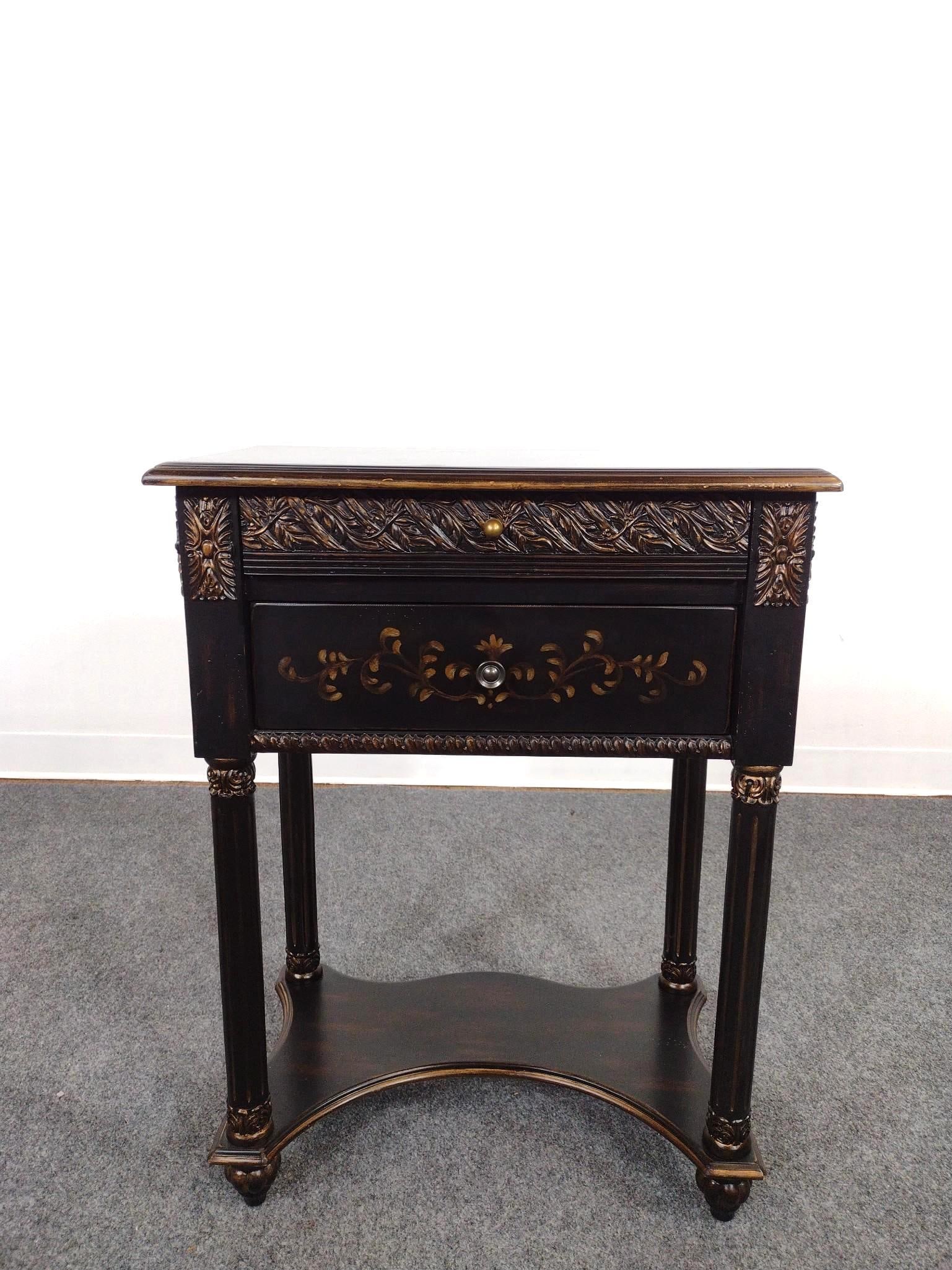 Two Drawer Accent Table: 22" wide X 13" deep X 29-1/2" high. No manufactures name found.