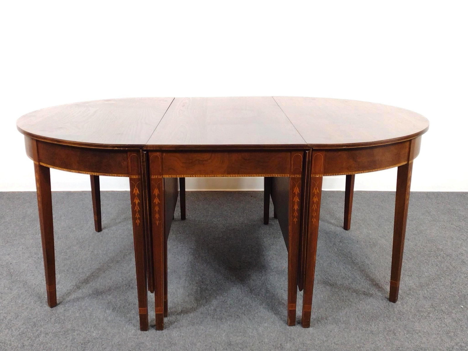 Inlaid Drop Leaf 3-Part Banquet Table: Overall open 116", closed 72-1/4" wide X 48" deep X 30" high. All pieces have some light scratches.