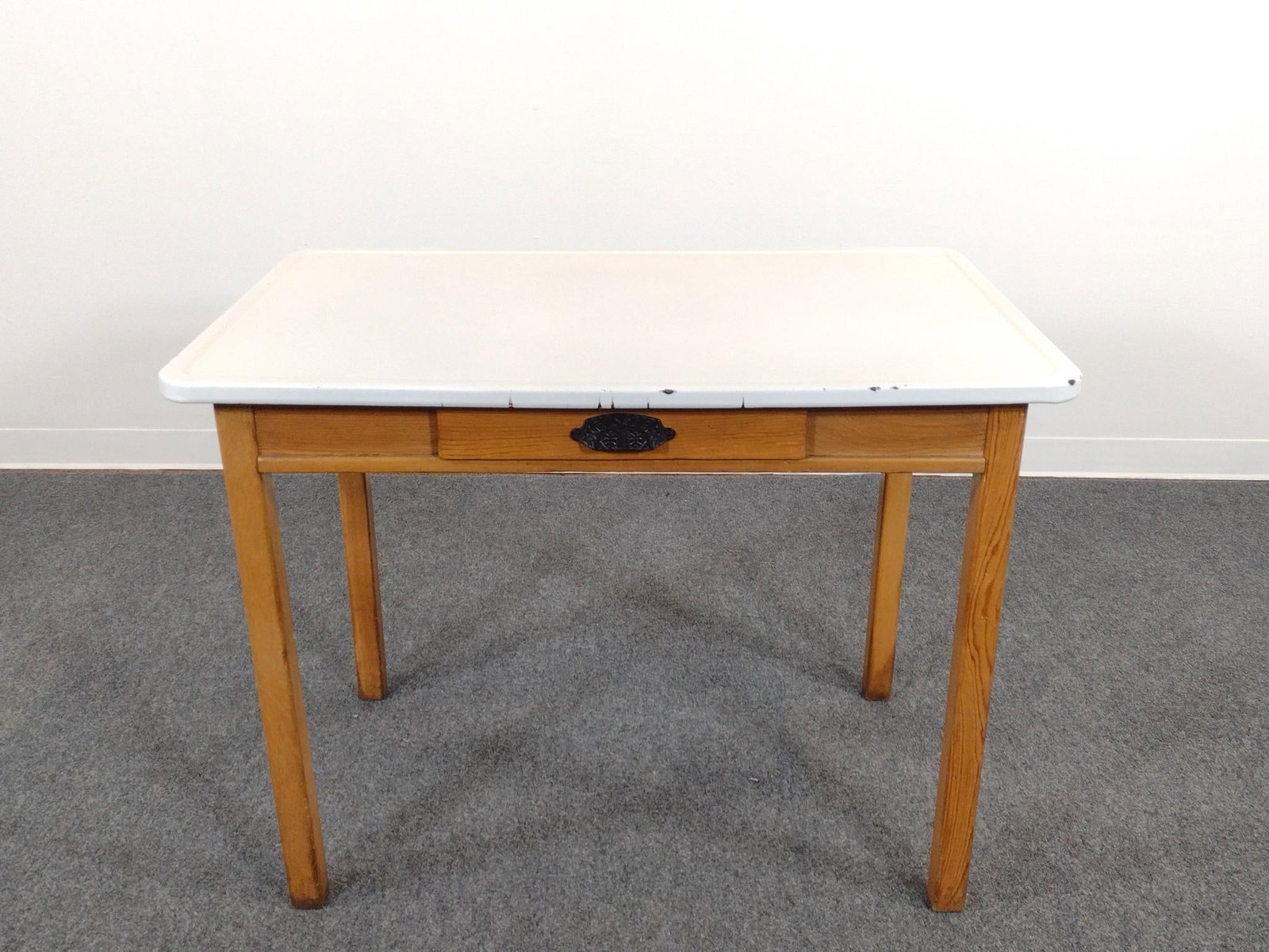 Mid-Century Enamel Top Kitchen Table: 40-1/4" wide X 25-1/4" deep X 30" high. Top has some small areas of loss.